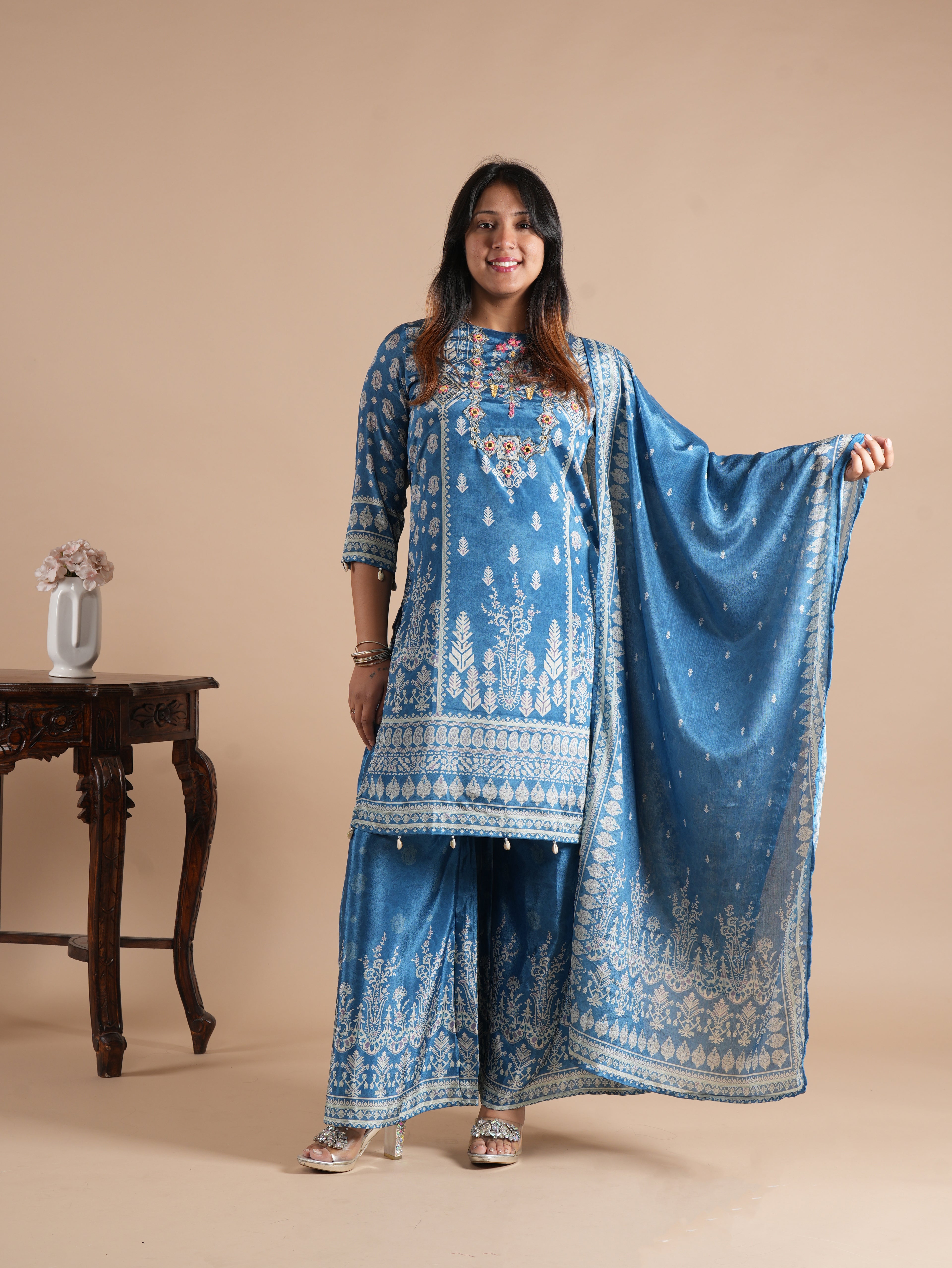 Noorva Steel Blue Chinon Printed Suit Set | Mirror Work Neck Embroidery, Shell Latkans & Printed Chinon Plazzo | Women's Festive Ethnic Wear
