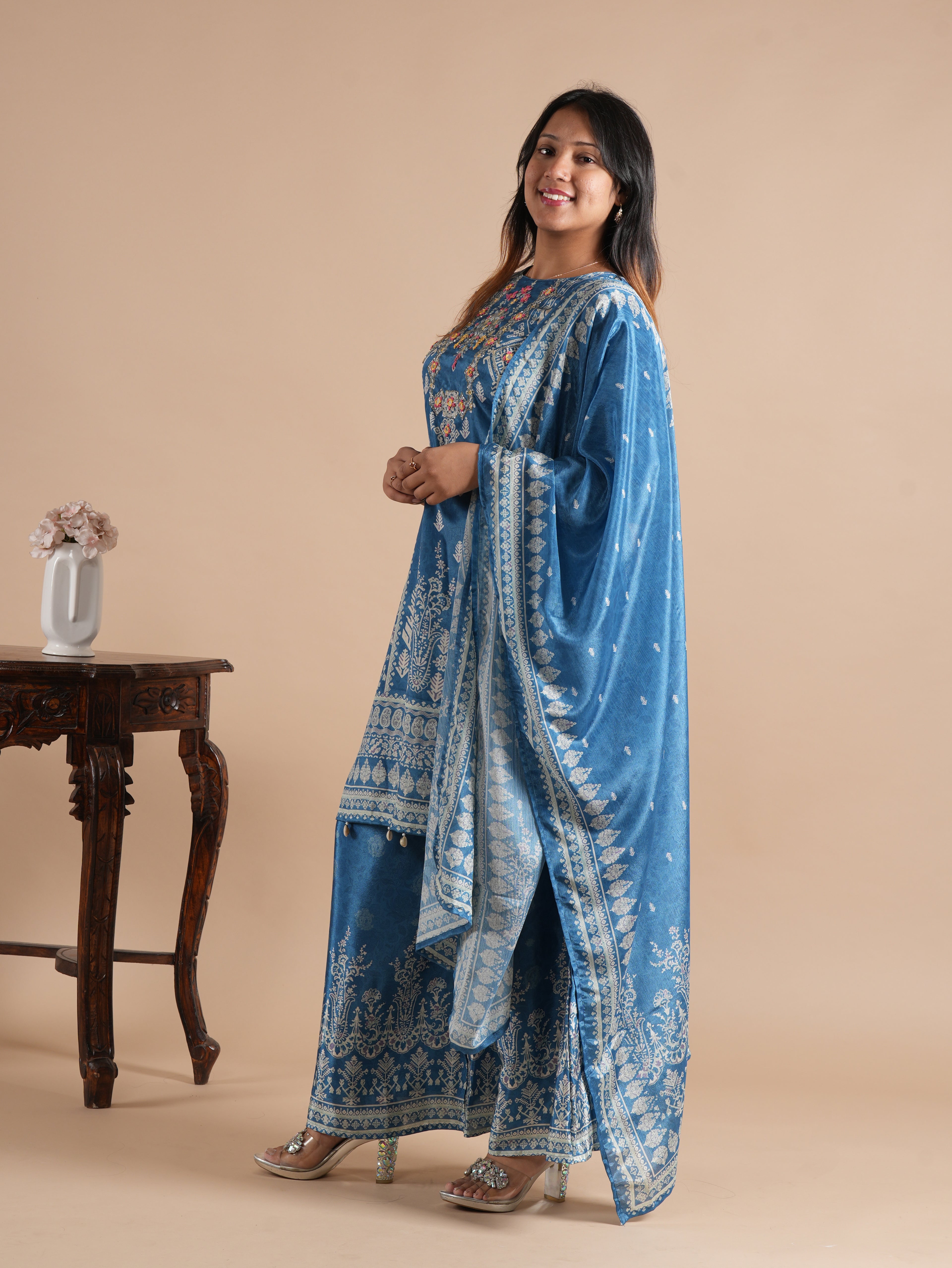 Noorva Steel Blue Chinon Printed Suit Set | Mirror Work Neck Embroidery, Shell Latkans & Printed Chinon Plazzo | Women's Festive Ethnic Wear
