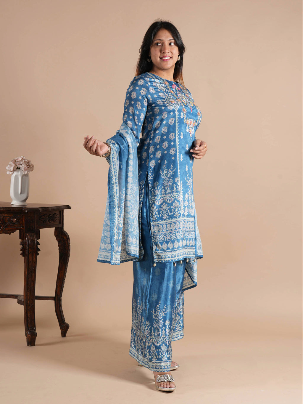 Noorva Steel Blue Chinon Printed Suit Set | Mirror Work Neck Embroidery, Shell Latkans & Printed Chinon Plazzo | Women's Festive Ethnic Wear