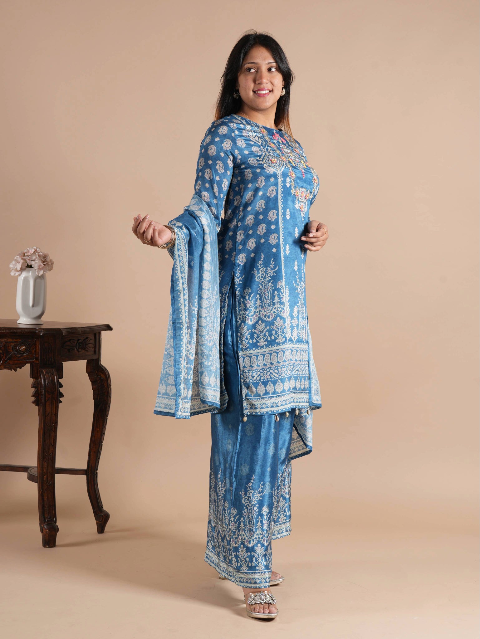 Noorva Steel Blue Chinon Printed Suit Set | Mirror Work Neck Embroidery, Shell Latkans & Printed Chinon Plazzo | Women's Festive Ethnic Wear
