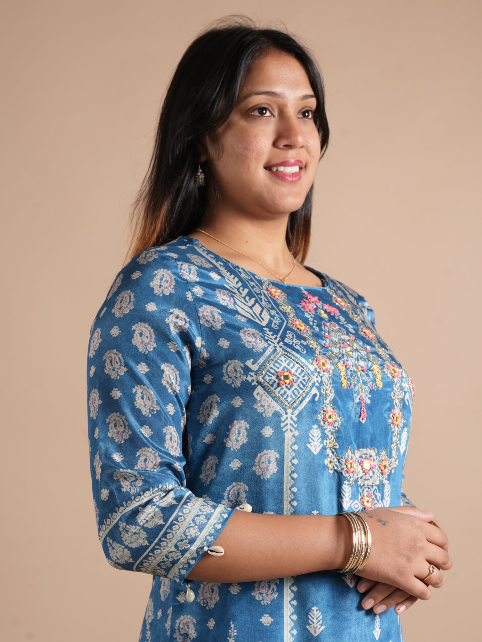 Noorva Steel Blue Chinon Printed Suit Set | Mirror Work Neck Embroidery, Shell Latkans & Printed Chinon Plazzo | Women's Festive Ethnic Wear