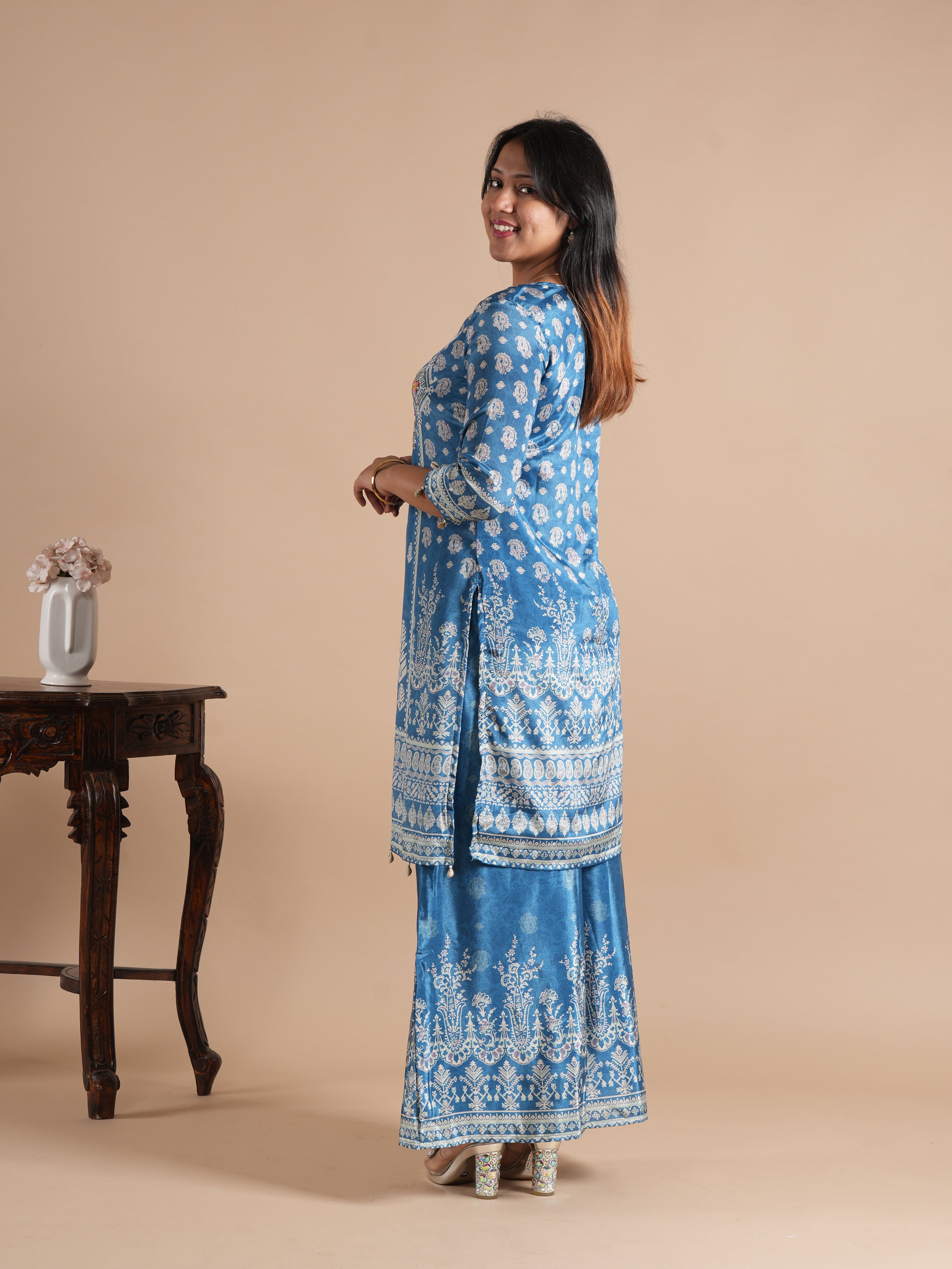 Noorva Steel Blue Chinon Printed Suit Set | Mirror Work Neck Embroidery, Shell Latkans & Printed Chinon Plazzo | Women's Festive Ethnic Wear