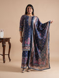 Navy Blue Chinon Digital Printed Suit Set | V-Neck Embroidery with Handwork & Beads work Detail, Lace Hem & Sleeves | Printed Chinon Palazzo & Dupatta | Women's Ethnic Wear