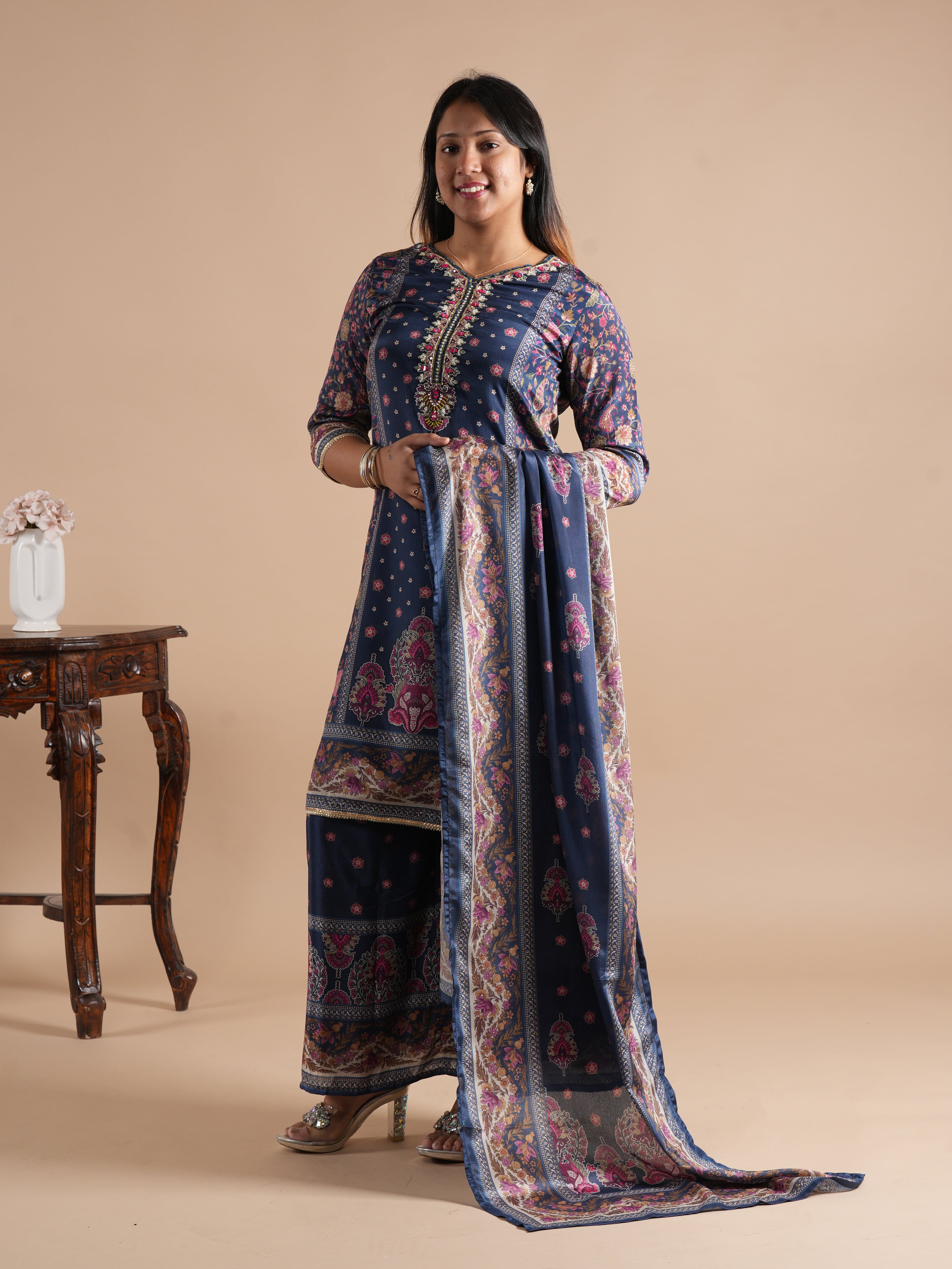 Navy Blue Chinon Digital Printed Suit Set | V-Neck Embroidery with Handwork & Beads work Detail, Lace Hem & Sleeves | Printed Chinon Palazzo & Dupatta | Women's Ethnic Wear