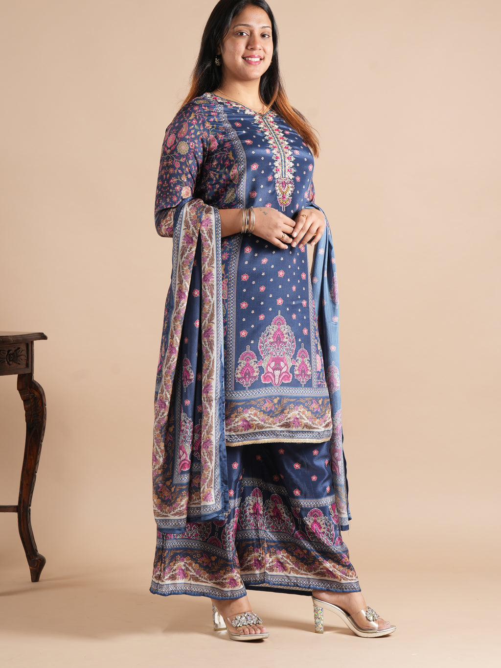 Navy Blue Chinon Digital Printed Suit Set | V-Neck Embroidery with Handwork & Beads work Detail, Lace Hem & Sleeves | Printed Chinon Palazzo & Dupatta | Women's Ethnic Wear