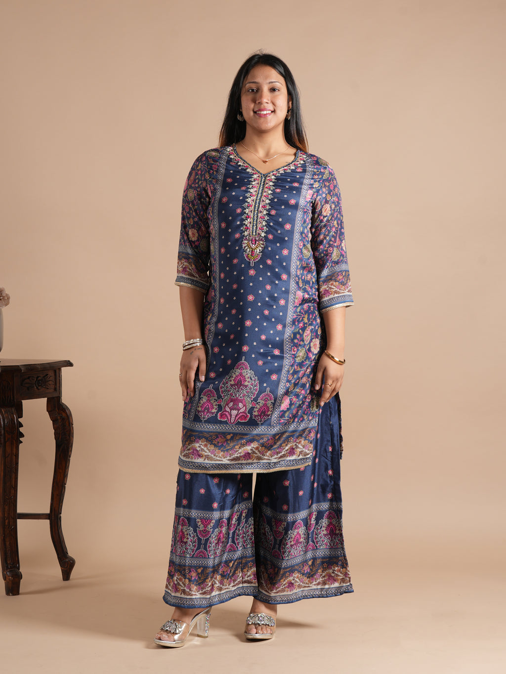 Navy Blue Chinon Digital Printed Suit Set | V-Neck Embroidery with Handwork & Beads work Detail, Lace Hem & Sleeves | Printed Chinon Palazzo & Dupatta | Women's Ethnic Wear