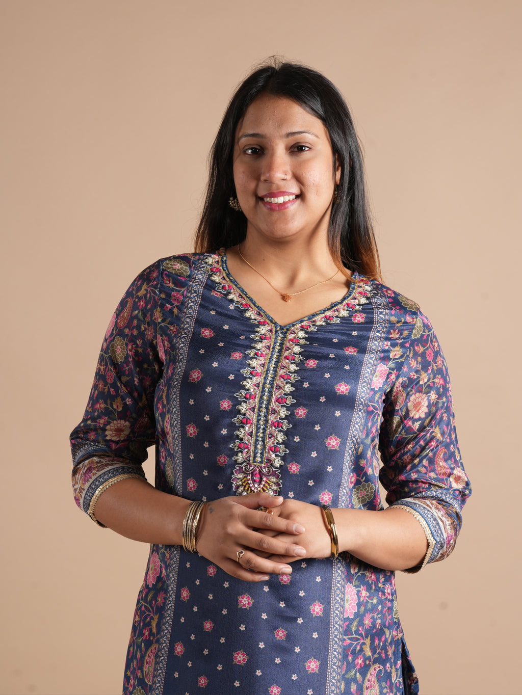 Navy Blue Chinon Digital Printed Suit Set | V-Neck Embroidery with Handwork & Beads work Detail, Lace Hem & Sleeves | Printed Chinon Palazzo & Dupatta | Women's Ethnic Wear