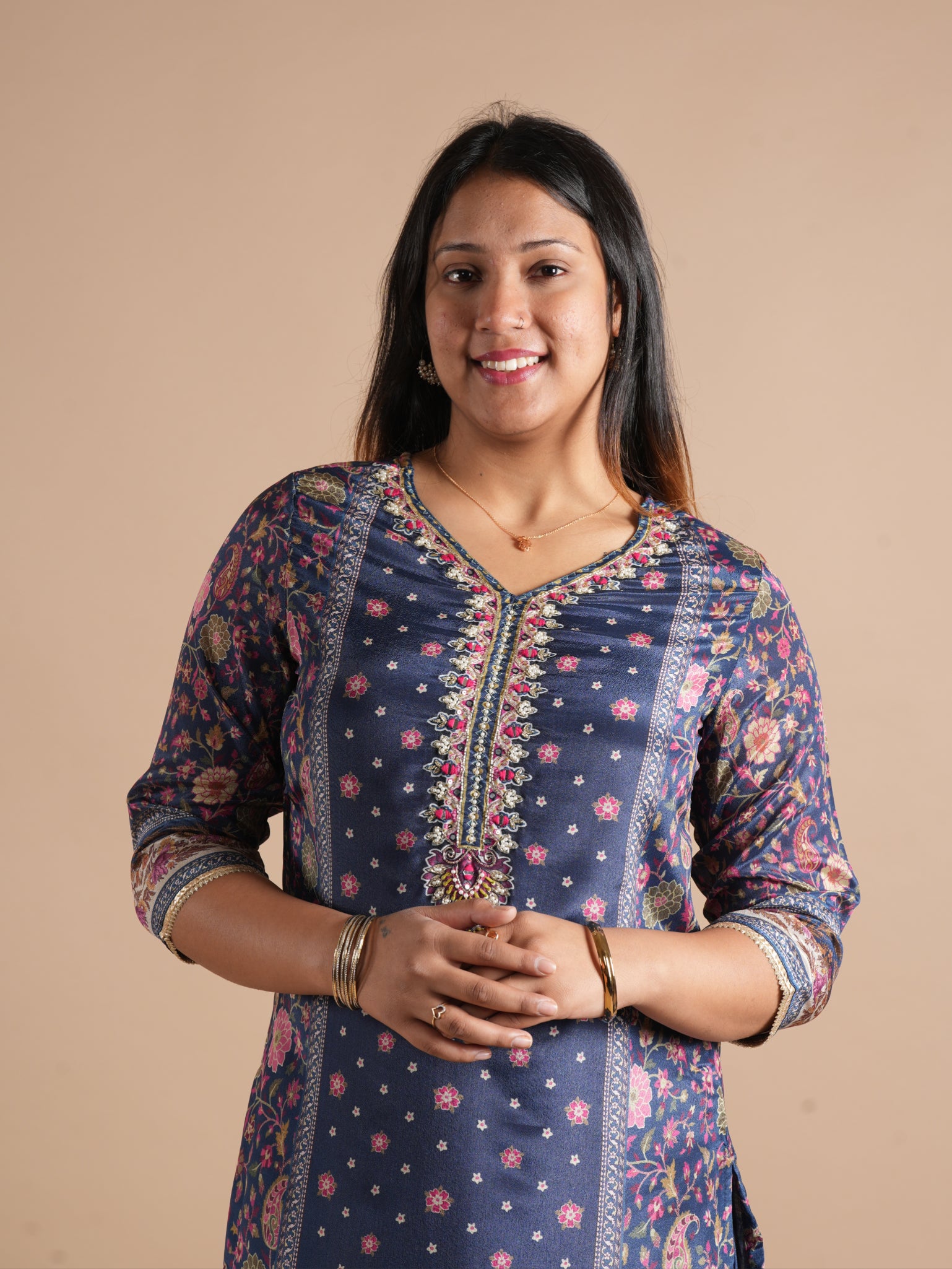 Navy Blue Chinon Digital Printed Suit Set | V-Neck Embroidery with Handwork & Beads work Detail, Lace Hem & Sleeves | Printed Chinon Palazzo & Dupatta | Women's Ethnic Wear