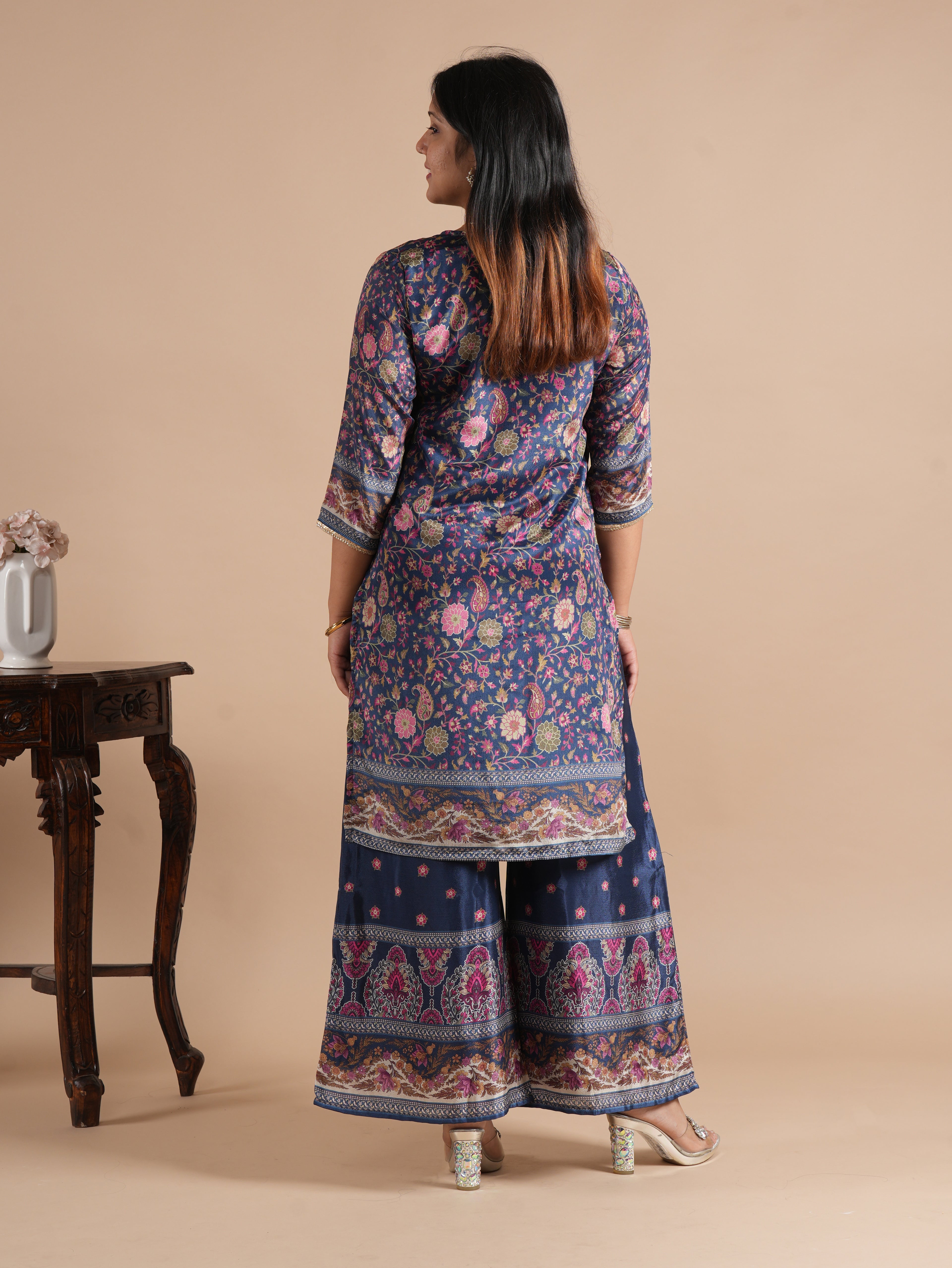 Navy Blue Chinon Digital Printed Suit Set | V-Neck Embroidery with Handwork & Beads work Detail, Lace Hem & Sleeves | Printed Chinon Palazzo & Dupatta | Women's Ethnic Wear