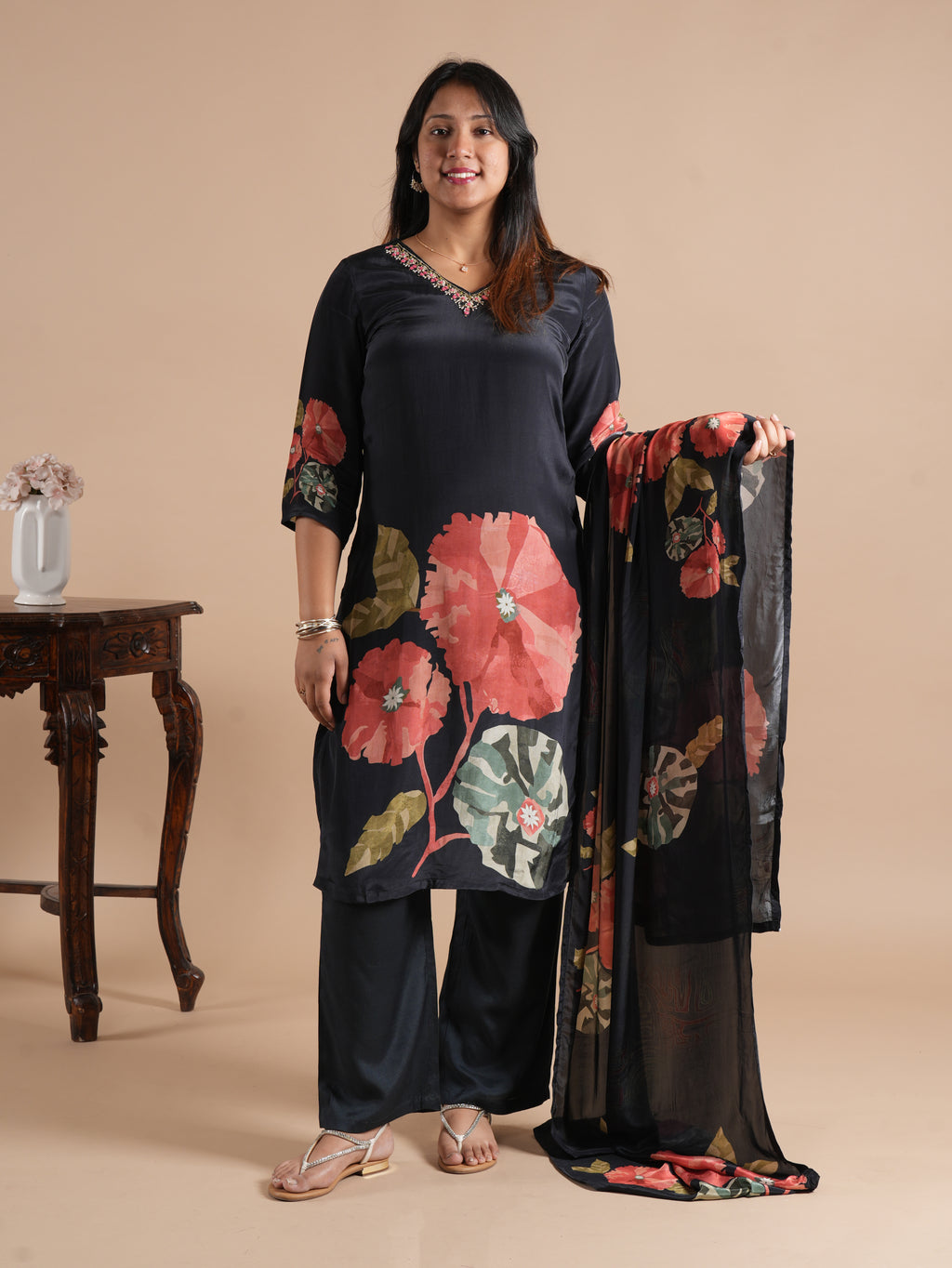 Black Front Back Floral Digital Print Crepe Suit Set With Pant and Dupatta | 3 Piece Suit Set