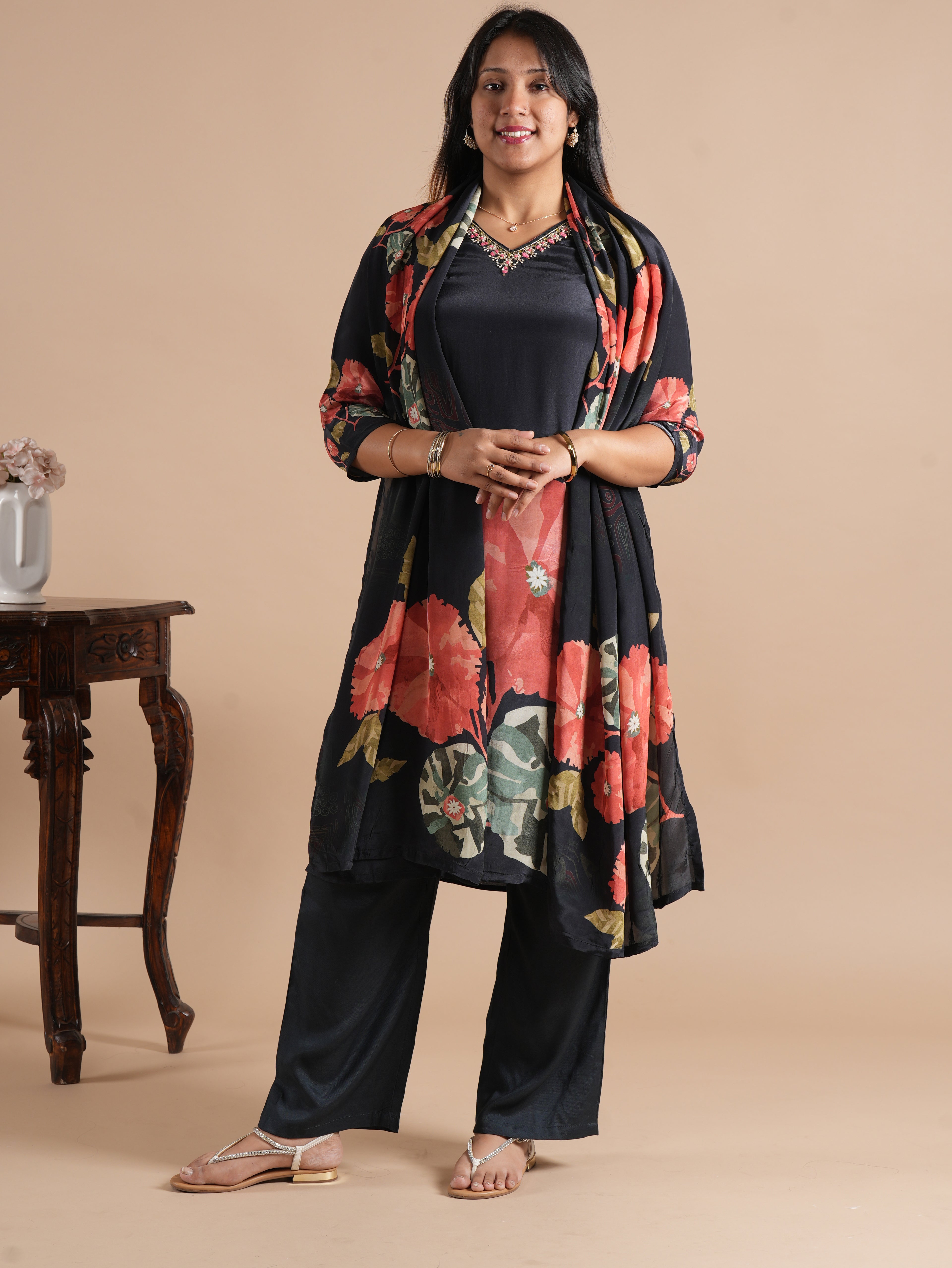 Black Front Back Floral Digital Print Crepe Suit Set With Pant and Dupatta | 3 Piece Suit Set