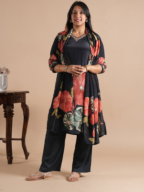 Black Front Back Floral Digital Print Crepe Suit Set With Pant and Dupatta | 3 Piece Suit Set