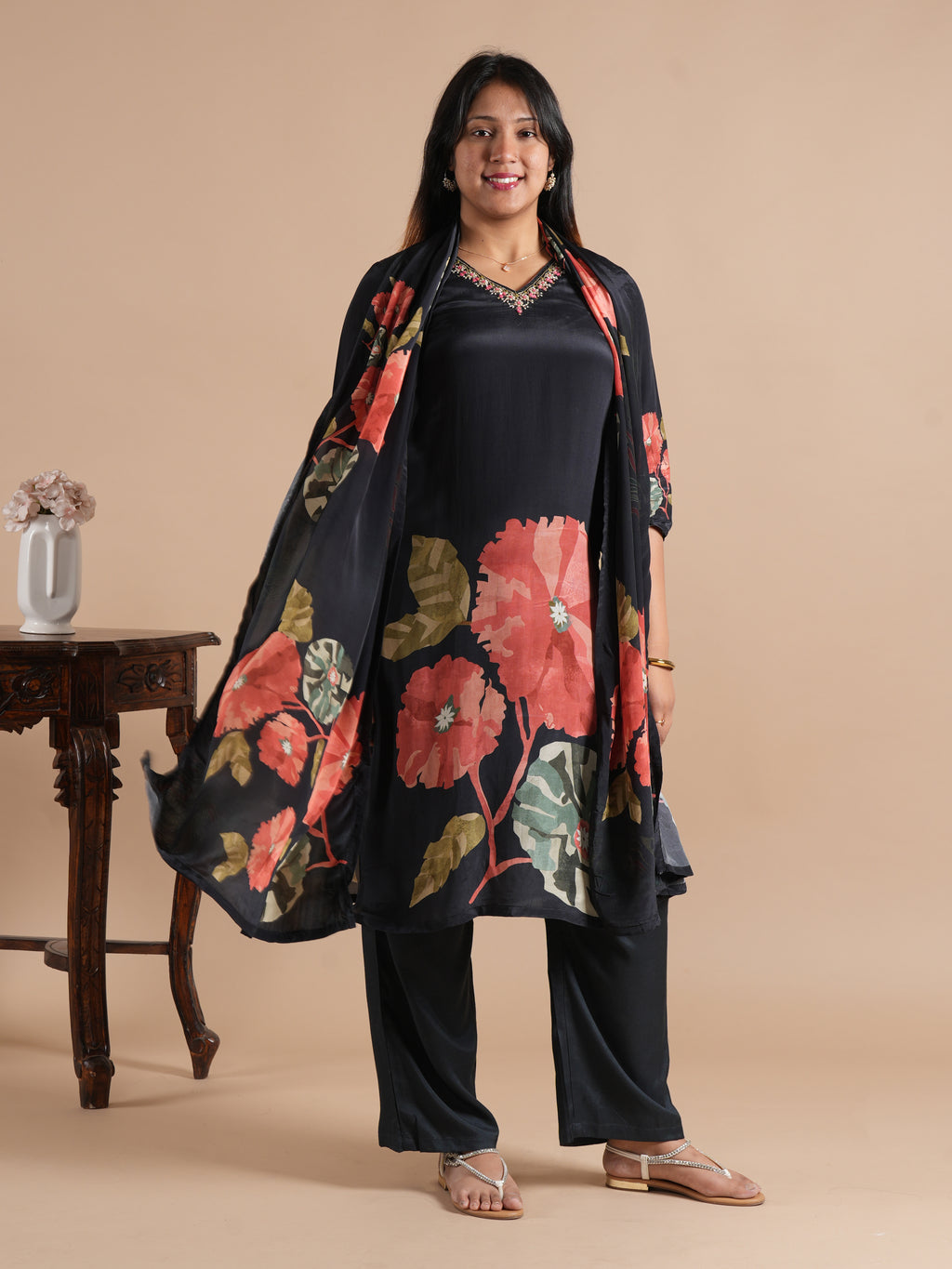 Black Front Back Floral Digital Print Crepe Suit Set With Pant and Dupatta | 3 Piece Suit Set