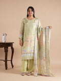 Women's Pista Green Floral Digital Print Glass Organza Pakistani Style Suit Set | Pearl & Bead Embroidered Neck | Lace Work Shirt with Matching Palazzo & Digitally Printed Dupatta