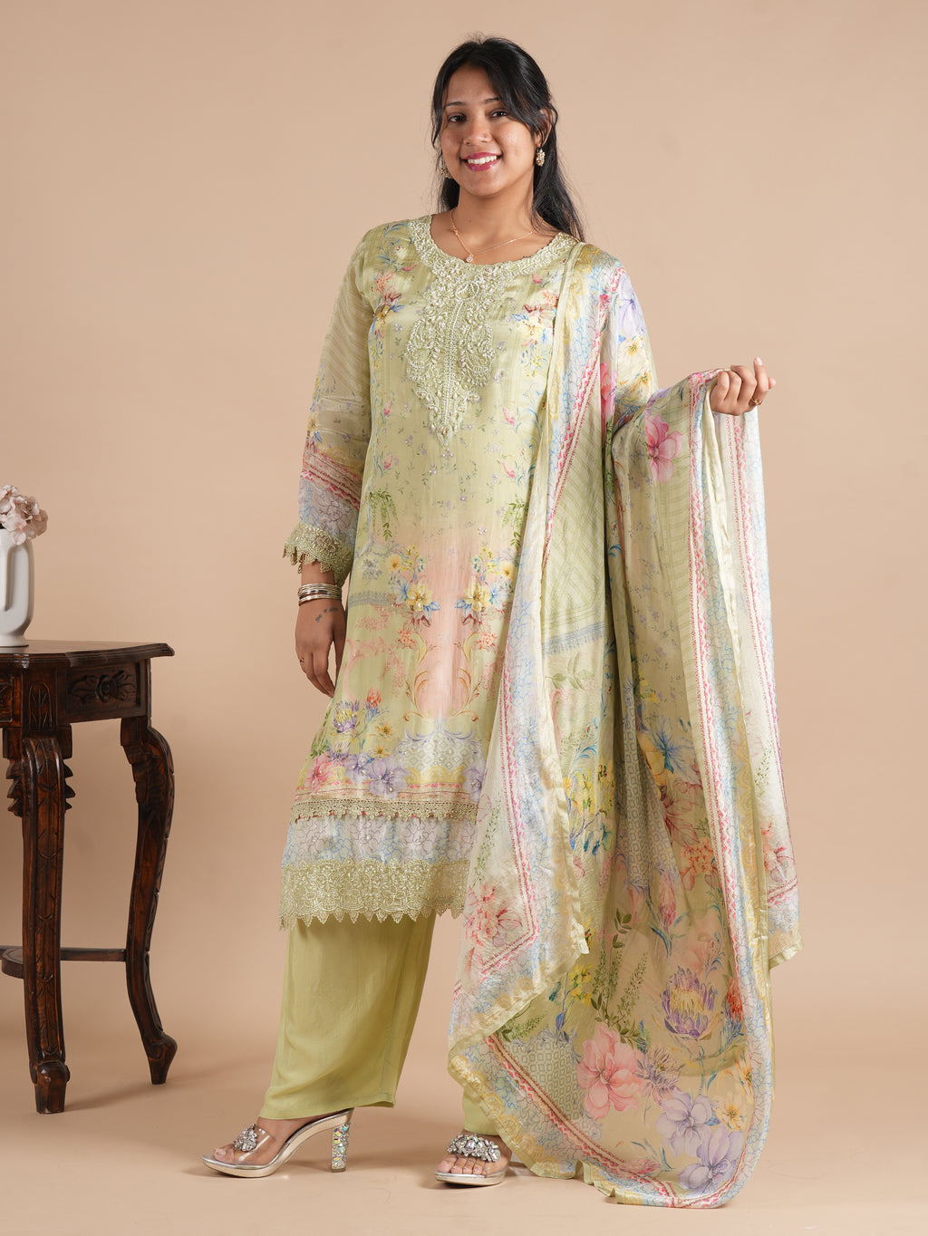 Women's Pista Green Floral Digital Print Glass Organza Pakistani Style Suit Set | Pearl & Bead Embroidered Neck | Lace Work Shirt with Matching Palazzo & Digitally Printed Dupatta