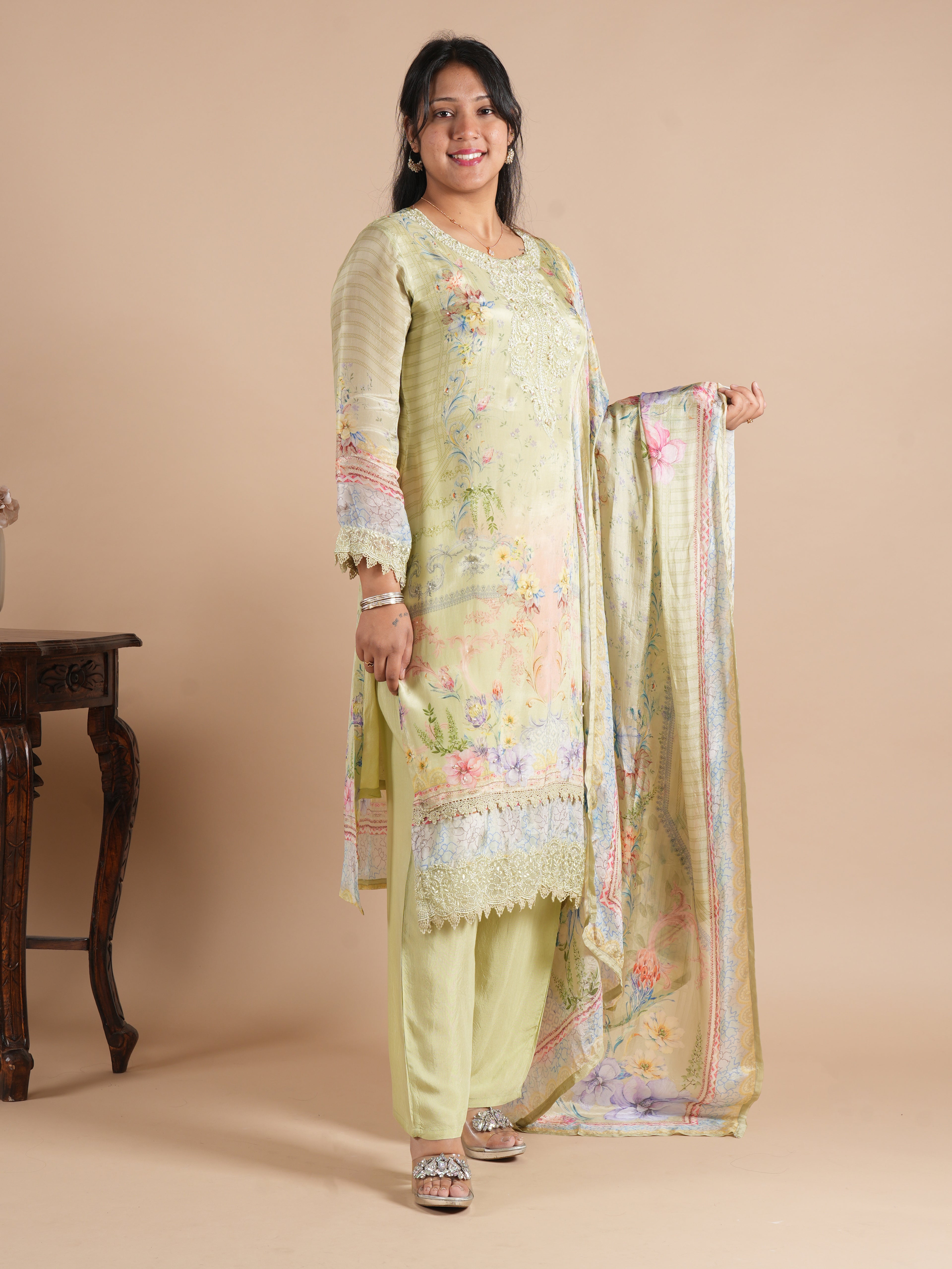 Women's Pista Green Floral Digital Print Glass Organza Pakistani Style Suit Set | Pearl & Bead Embroidered Neck | Lace Work Shirt with Matching Palazzo & Digitally Printed Dupatta