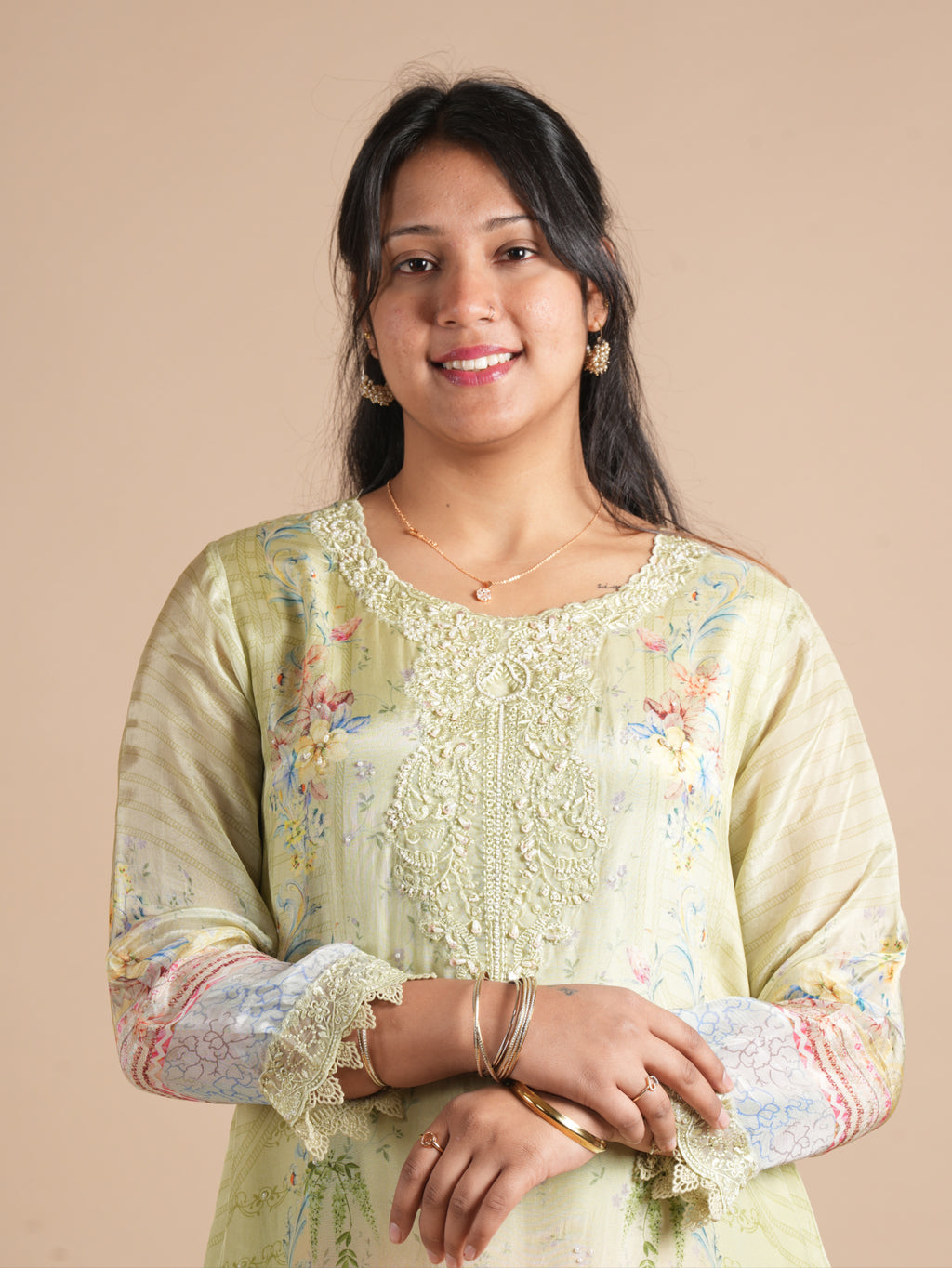 Women's Pista Green Floral Digital Print Glass Organza Pakistani Style Suit Set | Pearl & Bead Embroidered Neck | Lace Work Shirt with Matching Palazzo & Digitally Printed Dupatta