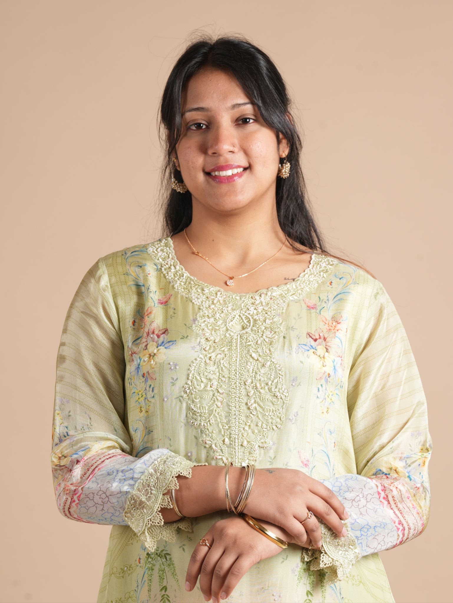 Women's Pista Green Floral Digital Print Glass Organza Pakistani Style Suit Set | Pearl & Bead Embroidered Neck | Lace Work Shirt with Matching Palazzo & Digitally Printed Dupatta