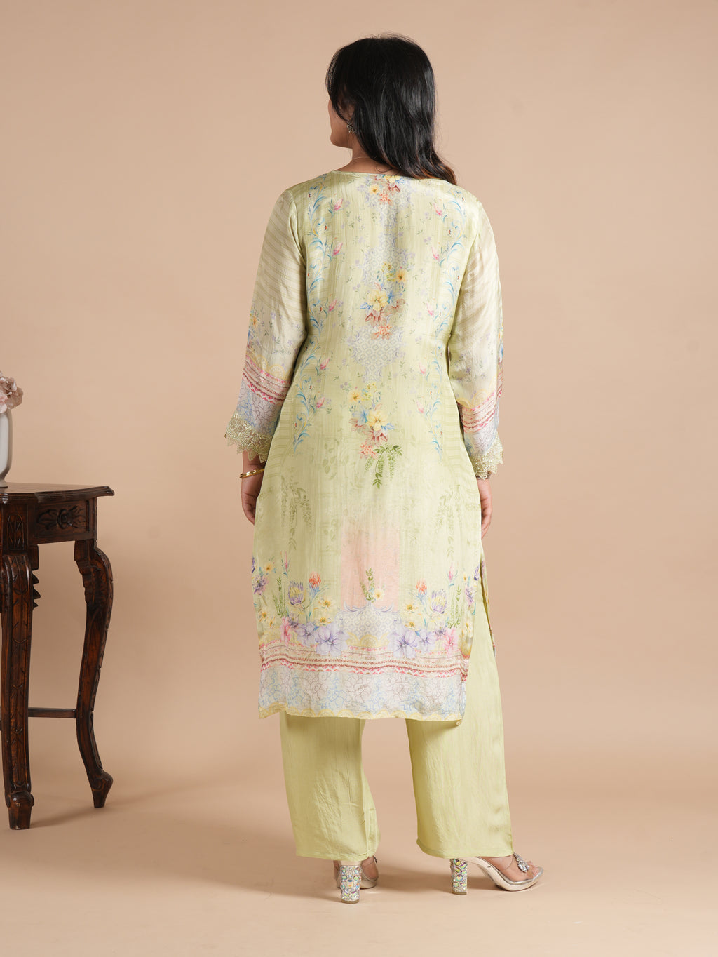 Women's Pista Green Floral Digital Print Glass Organza Pakistani Style Suit Set | Pearl & Bead Embroidered Neck | Lace Work Shirt with Matching Palazzo & Digitally Printed Dupatta