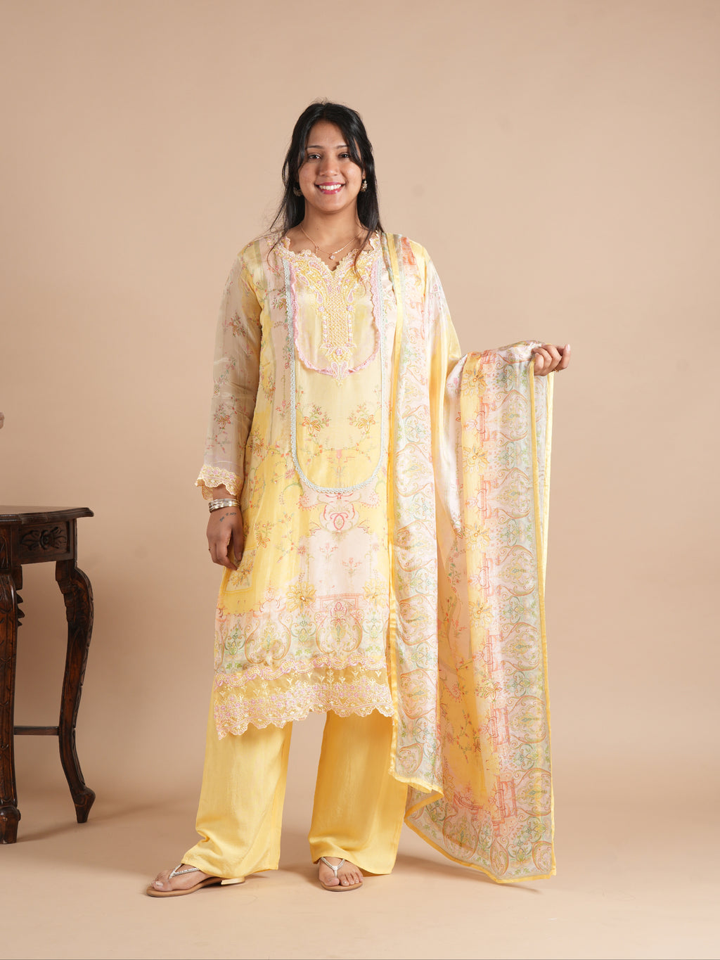 Noorva's Butter Yellow Front Back Floral Digital Print Glass Organza Pakistani Style Suit Set | Pearl Embellished & Thread Embroidered Scallop Neck | Lace Work Cuffs & Scallop Hem | Printed Dupatta & Pure Santoon Plazzo | 3-Piece Suit Set