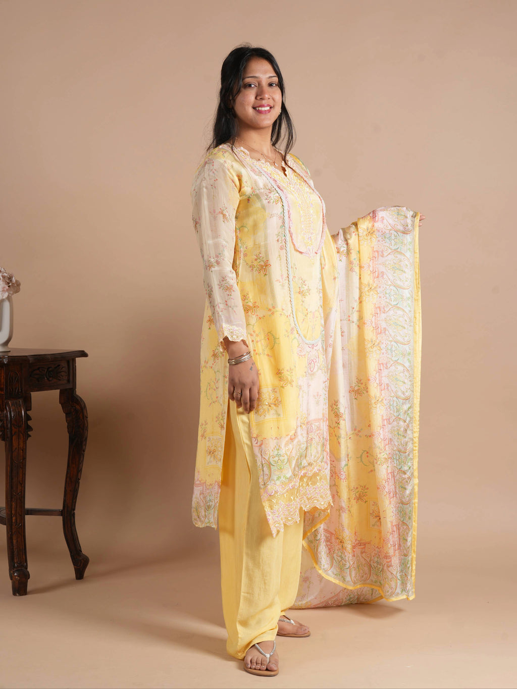 Noorva's Butter Yellow Front Back Floral Digital Print Glass Organza Pakistani Style Suit Set | Pearl Embellished & Thread Embroidered Scallop Neck | Lace Work Cuffs & Scallop Hem | Printed Dupatta & Pure Santoon Plazzo | 3-Piece Suit Set