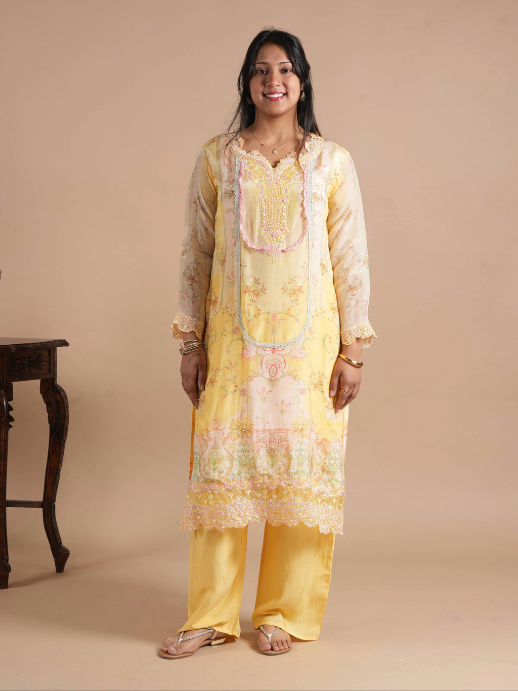 Noorva's Butter Yellow Front Back Floral Digital Print Glass Organza Pakistani Style Suit Set | Pearl Embellished & Thread Embroidered Scallop Neck | Lace Work Cuffs & Scallop Hem | Printed Dupatta & Pure Santoon Plazzo | 3-Piece Suit Set