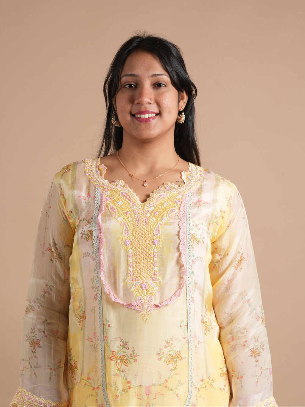 Noorva's Butter Yellow Front Back Floral Digital Print Glass Organza Pakistani Style Suit Set | Pearl Embellished & Thread Embroidered Scallop Neck | Lace Work Cuffs & Scallop Hem | Printed Dupatta & Pure Santoon Plazzo | 3-Piece Suit Set
