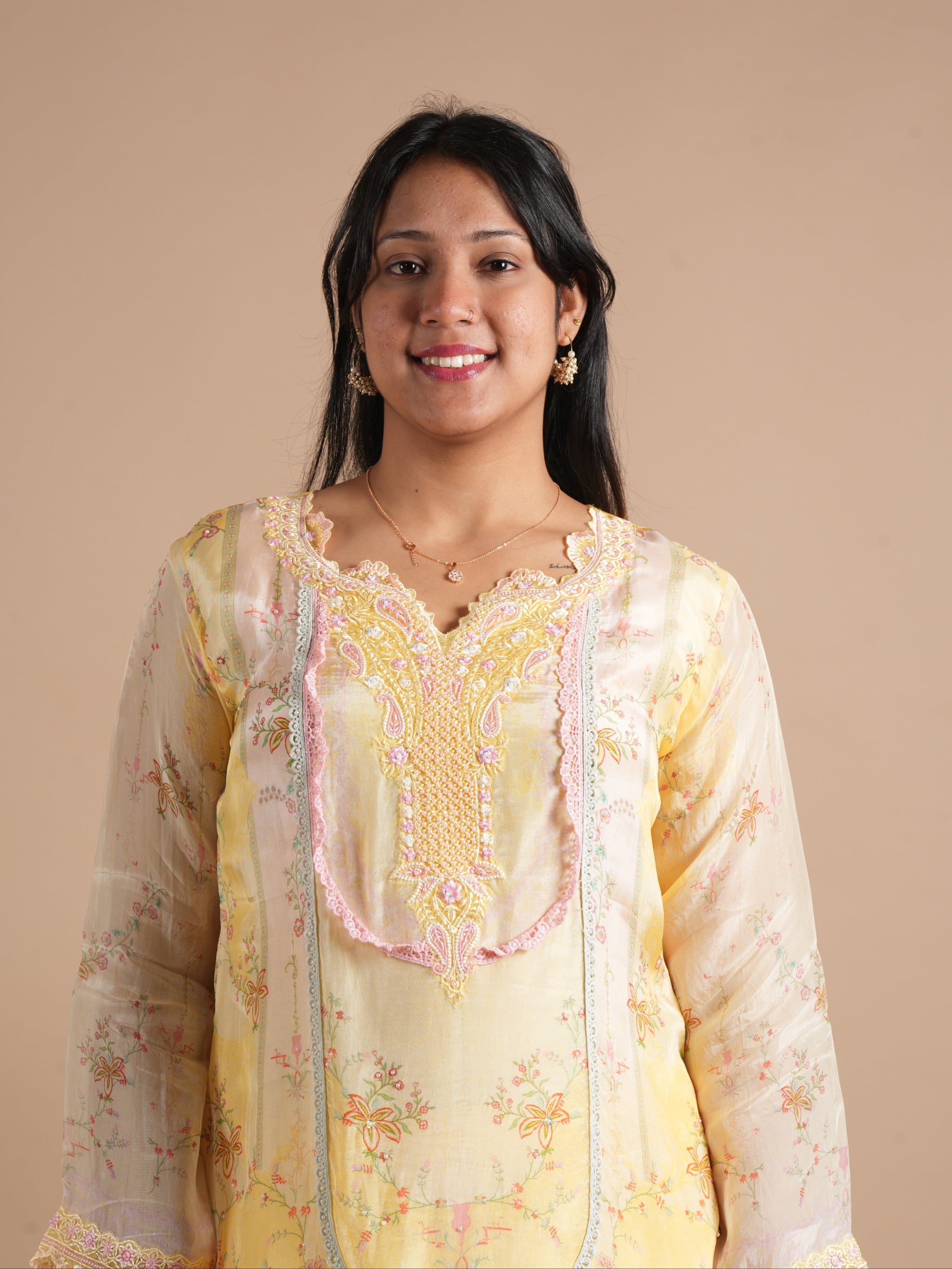 Noorva's Butter Yellow Front Back Floral Digital Print Glass Organza Pakistani Style Suit Set | Pearl Embellished & Thread Embroidered Scallop Neck | Lace Work Cuffs & Scallop Hem | Printed Dupatta & Pure Santoon Plazzo | 3-Piece Suit Set