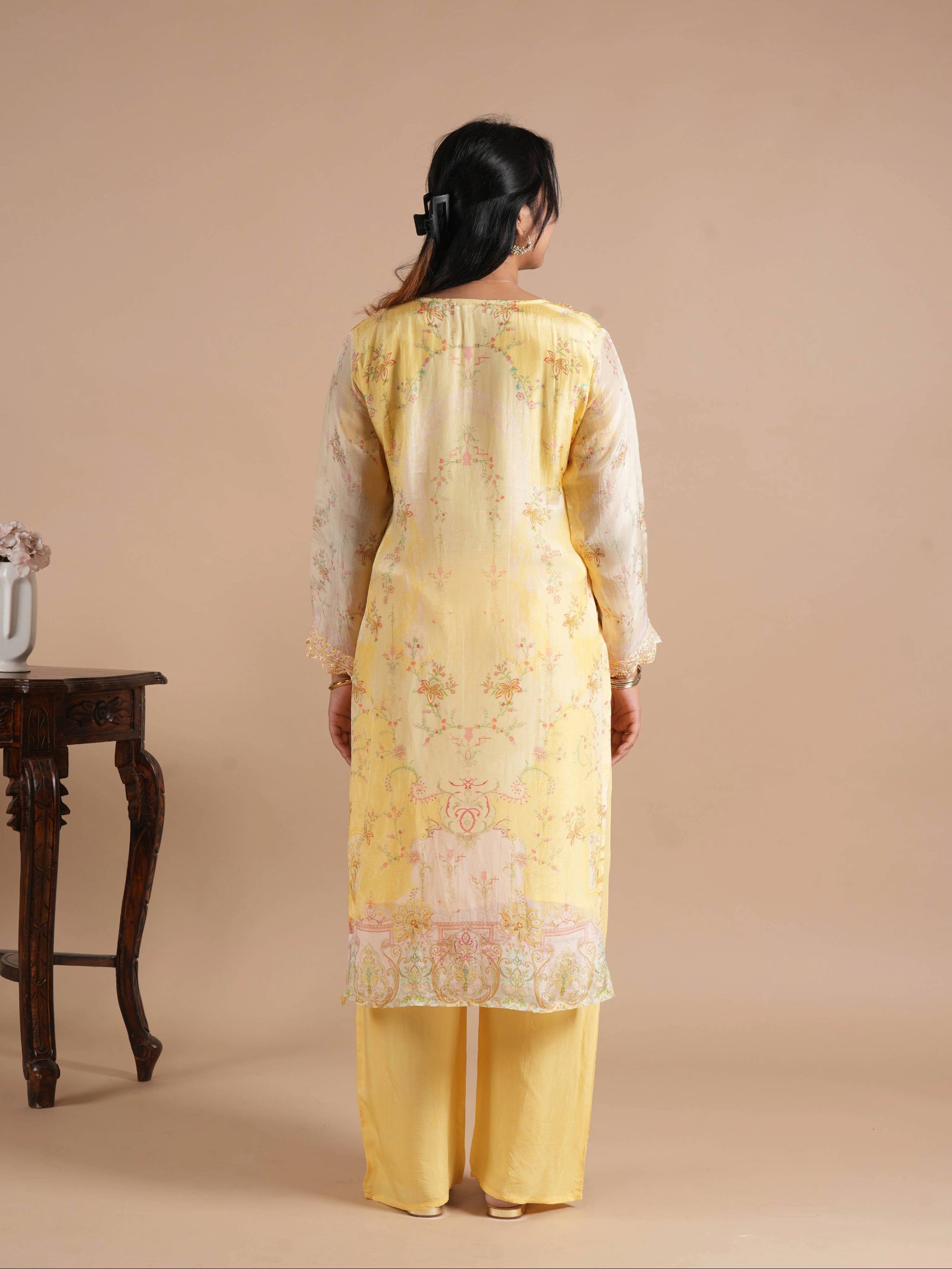 Noorva's Butter Yellow Front Back Floral Digital Print Glass Organza Pakistani Style Suit Set | Pearl Embellished & Thread Embroidered Scallop Neck | Lace Work Cuffs & Scallop Hem | Printed Dupatta & Pure Santoon Plazzo | 3-Piece Suit Set