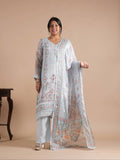 Light Grey Floral Digital Print Glass Organza Pakistani Style Suit Set | Pearl & Thread Embroidered Neck | Lace Work Scallop Ghera & Sleeves | Matching Printed Dupatta & Pure Shantoon Plazzo | 3-Piece Suit Set