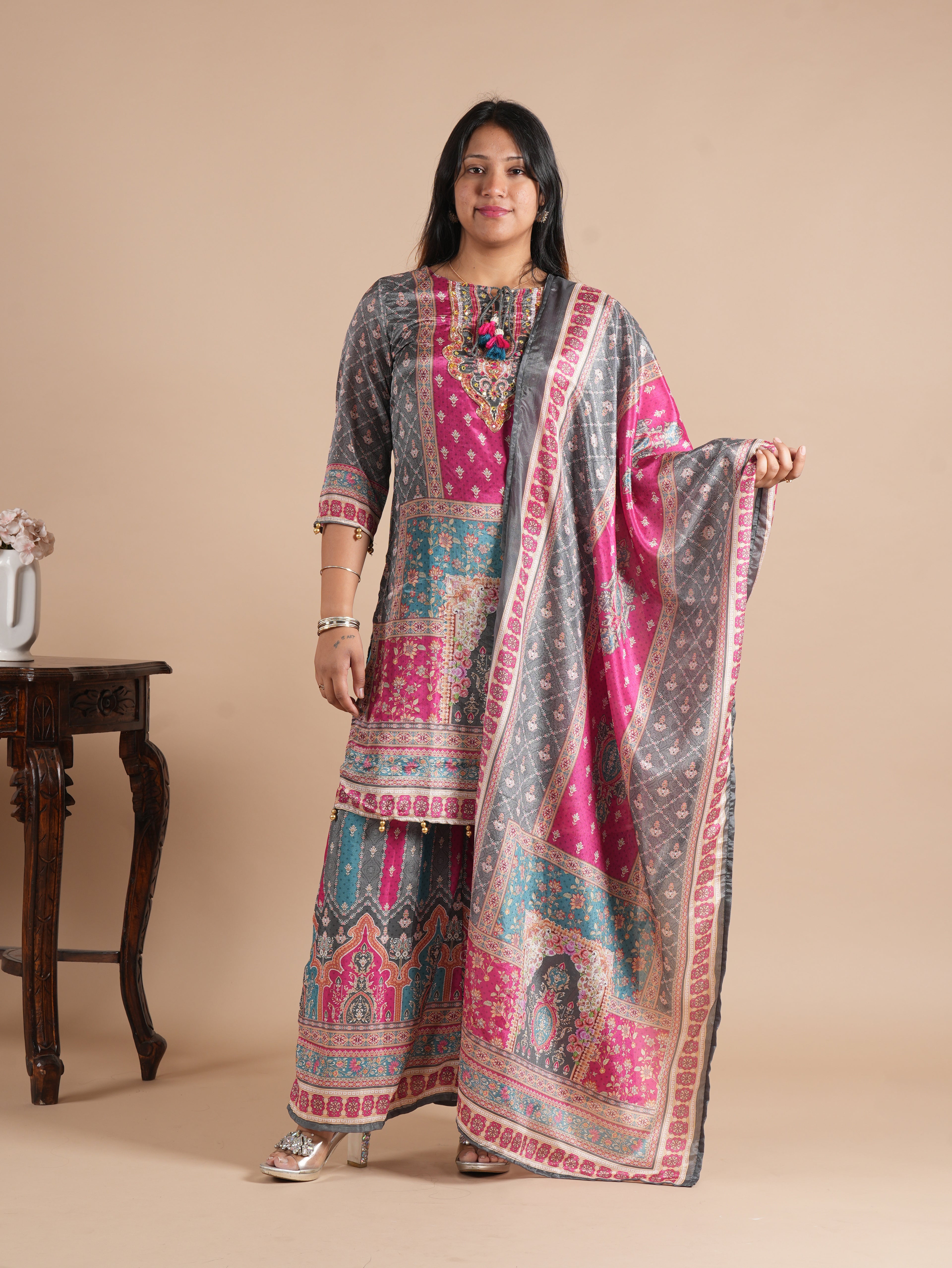 Women's Grey & Pink Front Back Digital Printed Chinon Kurti Plazzo Set with Digital Print Dupatta | Motif Plazzo Suit Set | 3-Piece Suit Set