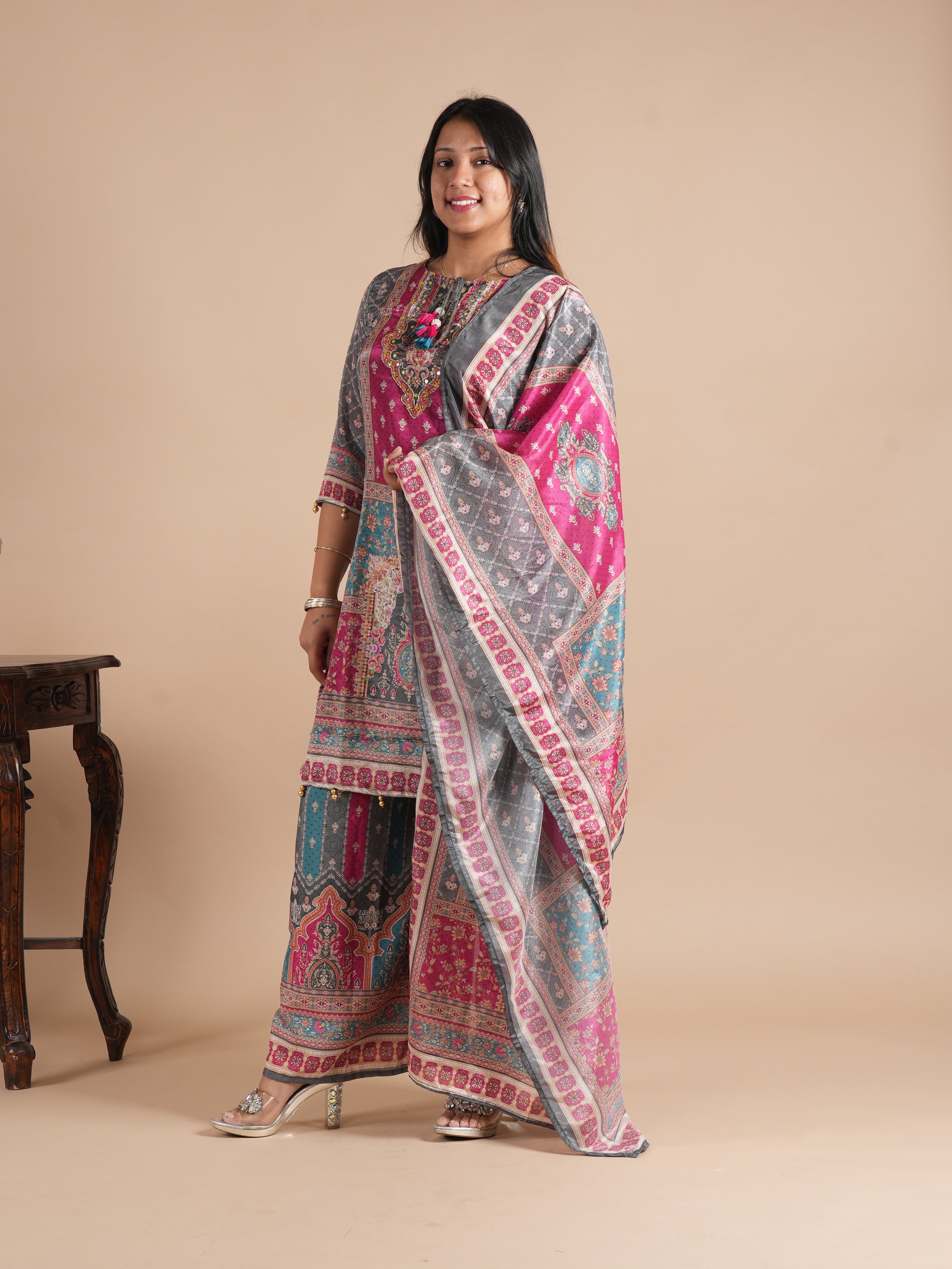 Women's Grey & Pink Front Back Digital Printed Chinon Kurti Plazzo Set with Digital Print Dupatta | Motif Plazzo Suit Set | 3-Piece Suit Set