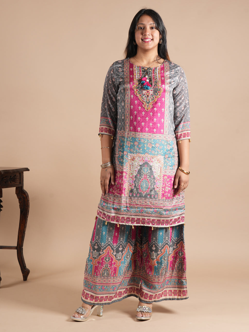 Women's Grey & Pink Front Back Digital Printed Chinon Kurti Plazzo Set with Digital Print Dupatta | Motif Plazzo Suit Set | 3-Piece Suit Set