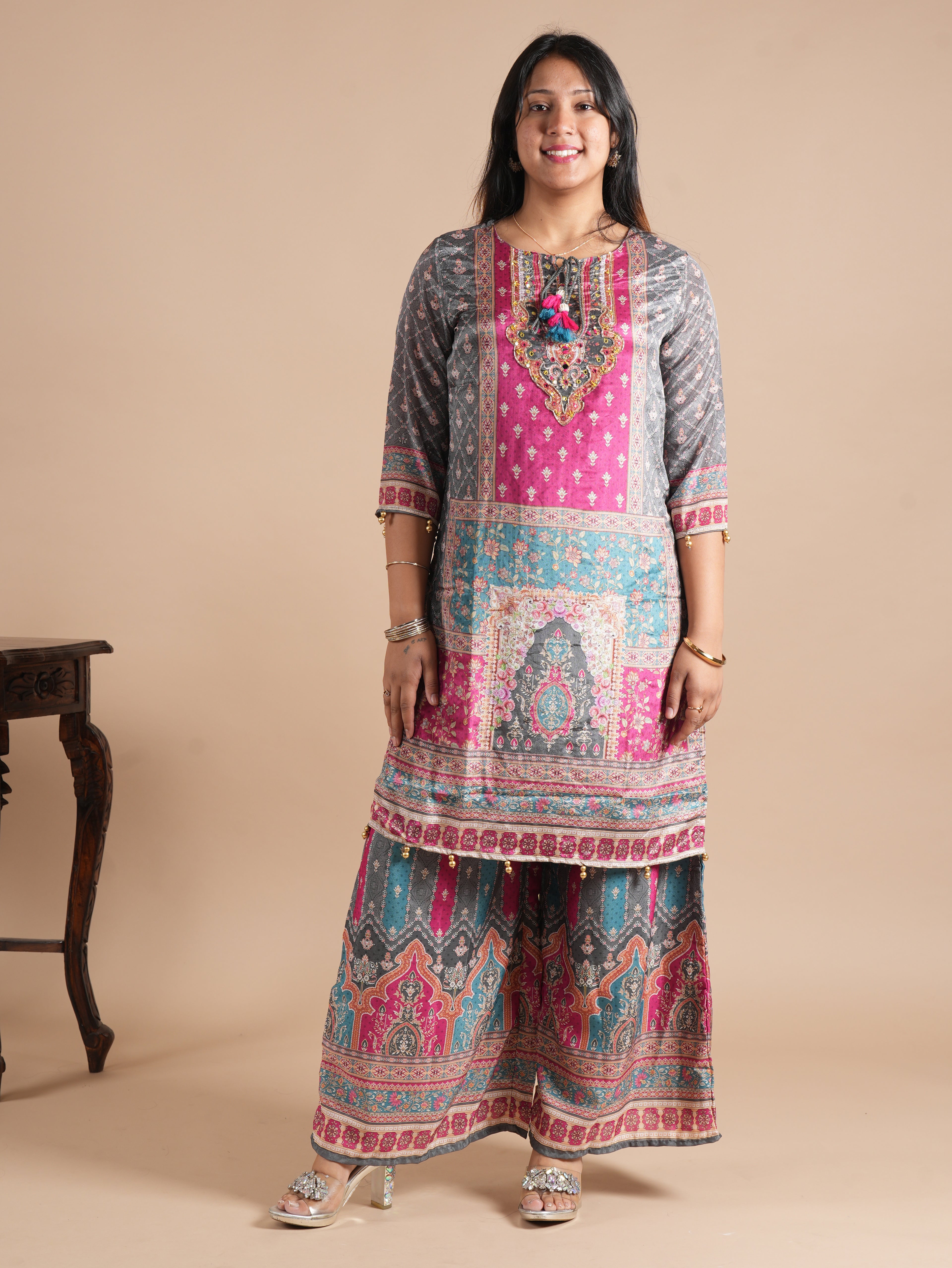 Women's Grey & Pink Front Back Digital Printed Chinon Kurti Plazzo Set with Digital Print Dupatta | Motif Plazzo Suit Set | 3-Piece Suit Set