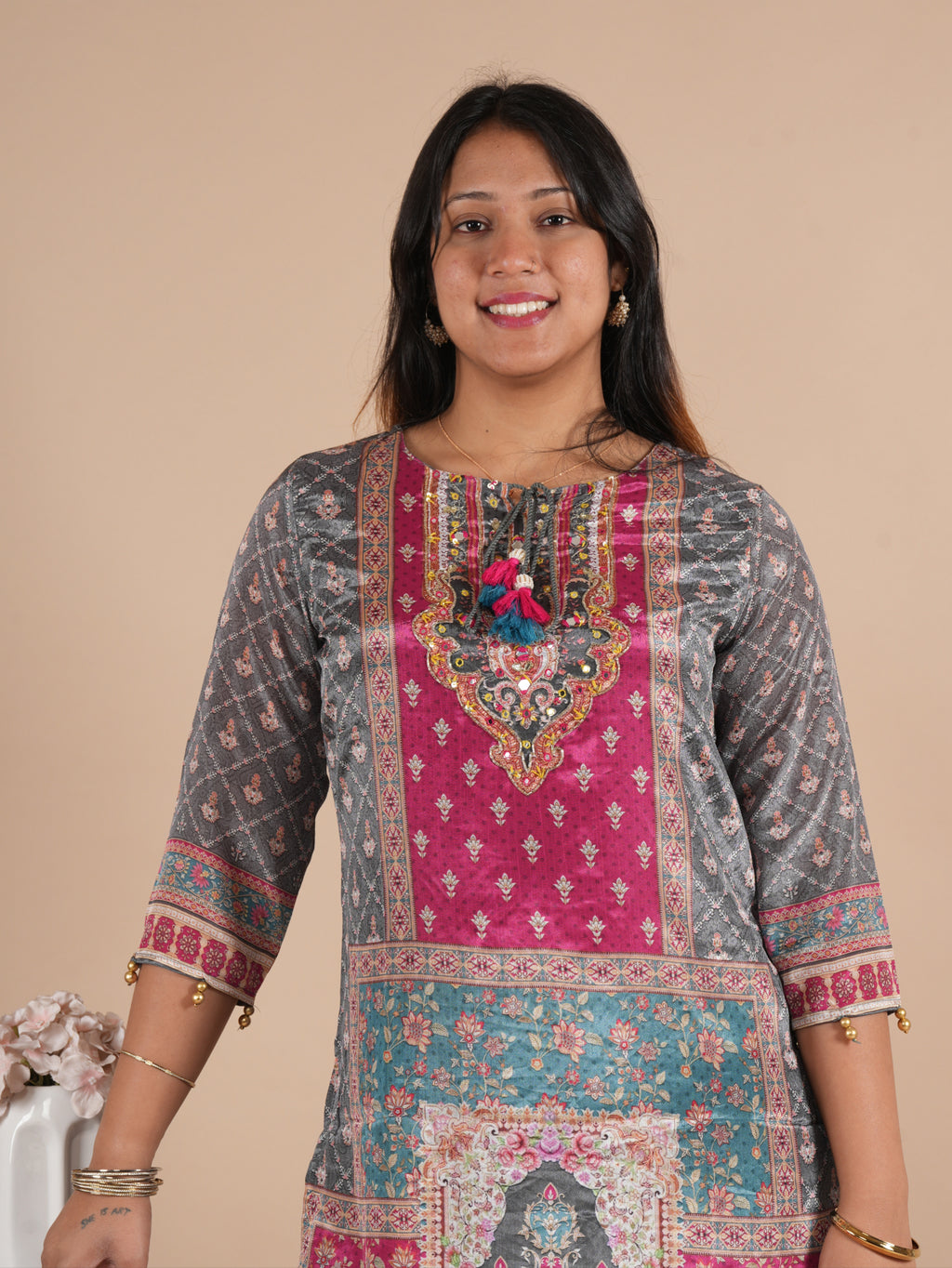 Women's Grey & Pink Front Back Digital Printed Chinon Kurti Plazzo Set with Digital Print Dupatta | Motif Plazzo Suit Set | 3-Piece Suit Set