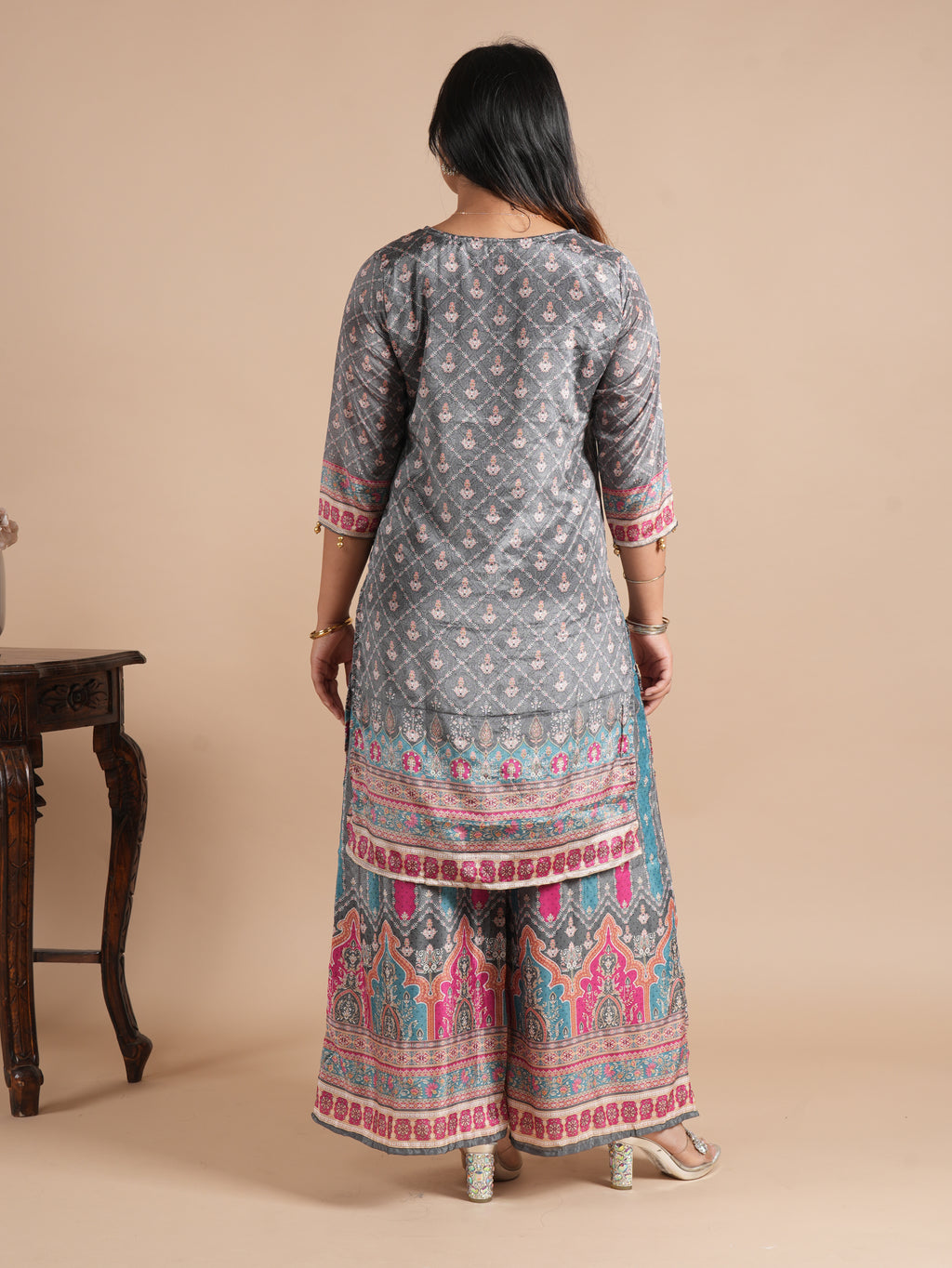 Women's Grey & Pink Front Back Digital Printed Chinon Kurti Plazzo Set with Digital Print Dupatta | Motif Plazzo Suit Set | 3-Piece Suit Set