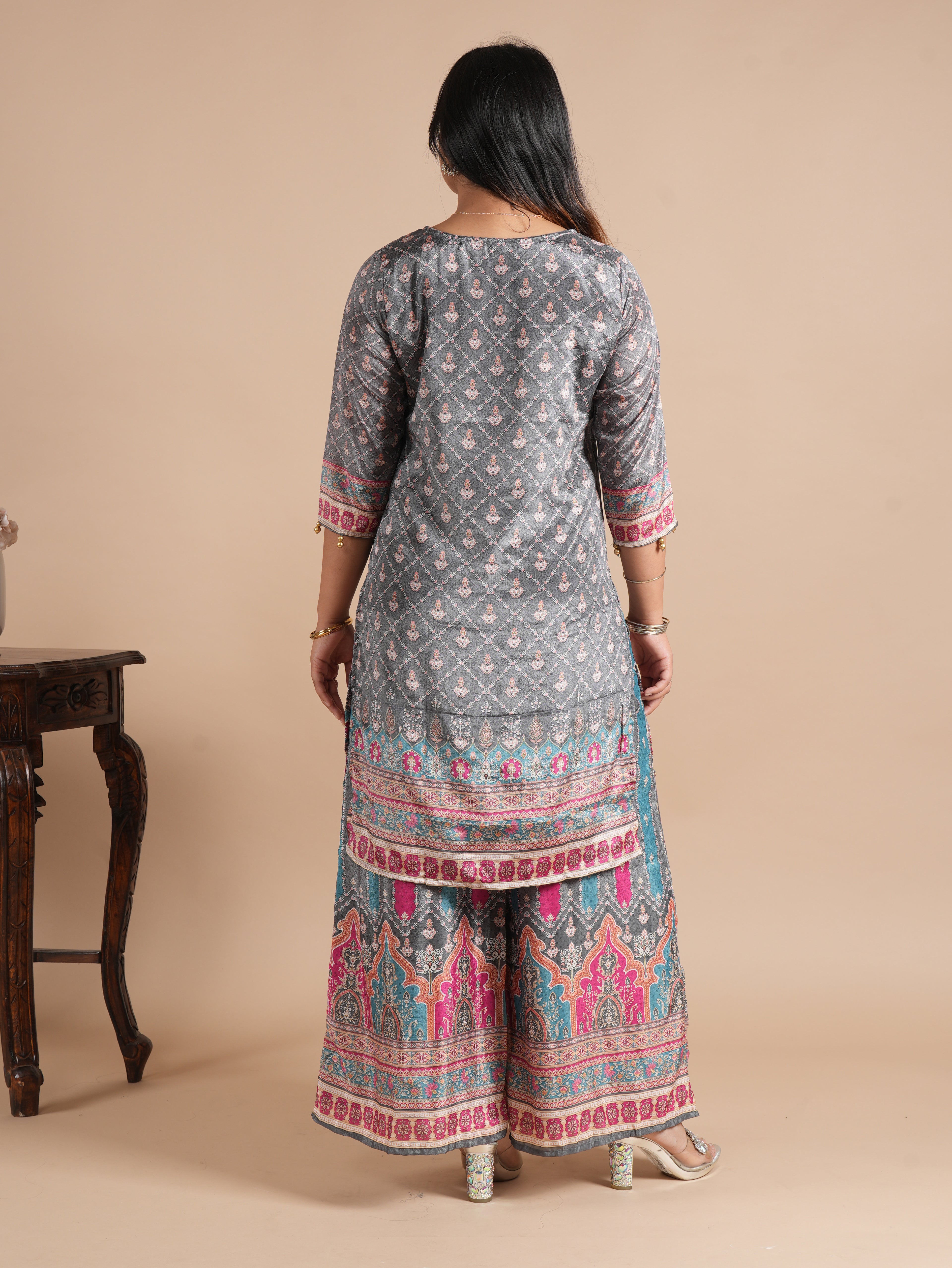 Women's Grey & Pink Front Back Digital Printed Chinon Kurti Plazzo Set with Digital Print Dupatta | Motif Plazzo Suit Set | 3-Piece Suit Set