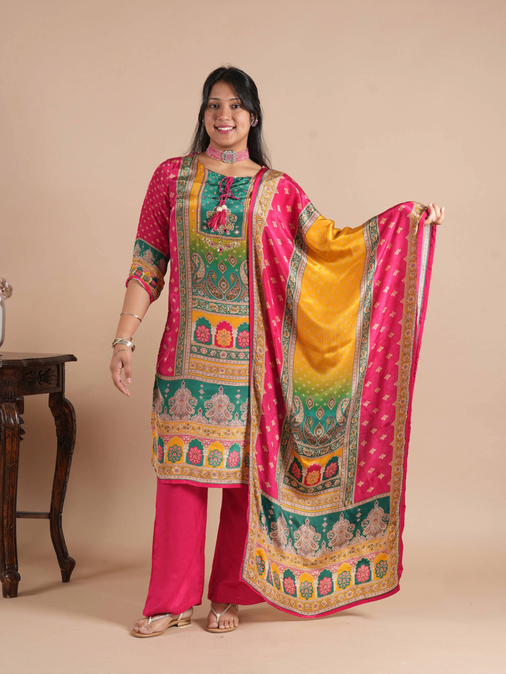 Rani Pink Printed Crepe Salwar Suit Set | Hand Embellished Neckline with Dori Latkan | Straight Kurta Pant Dupatta | Festive Ethnic Wear for Women