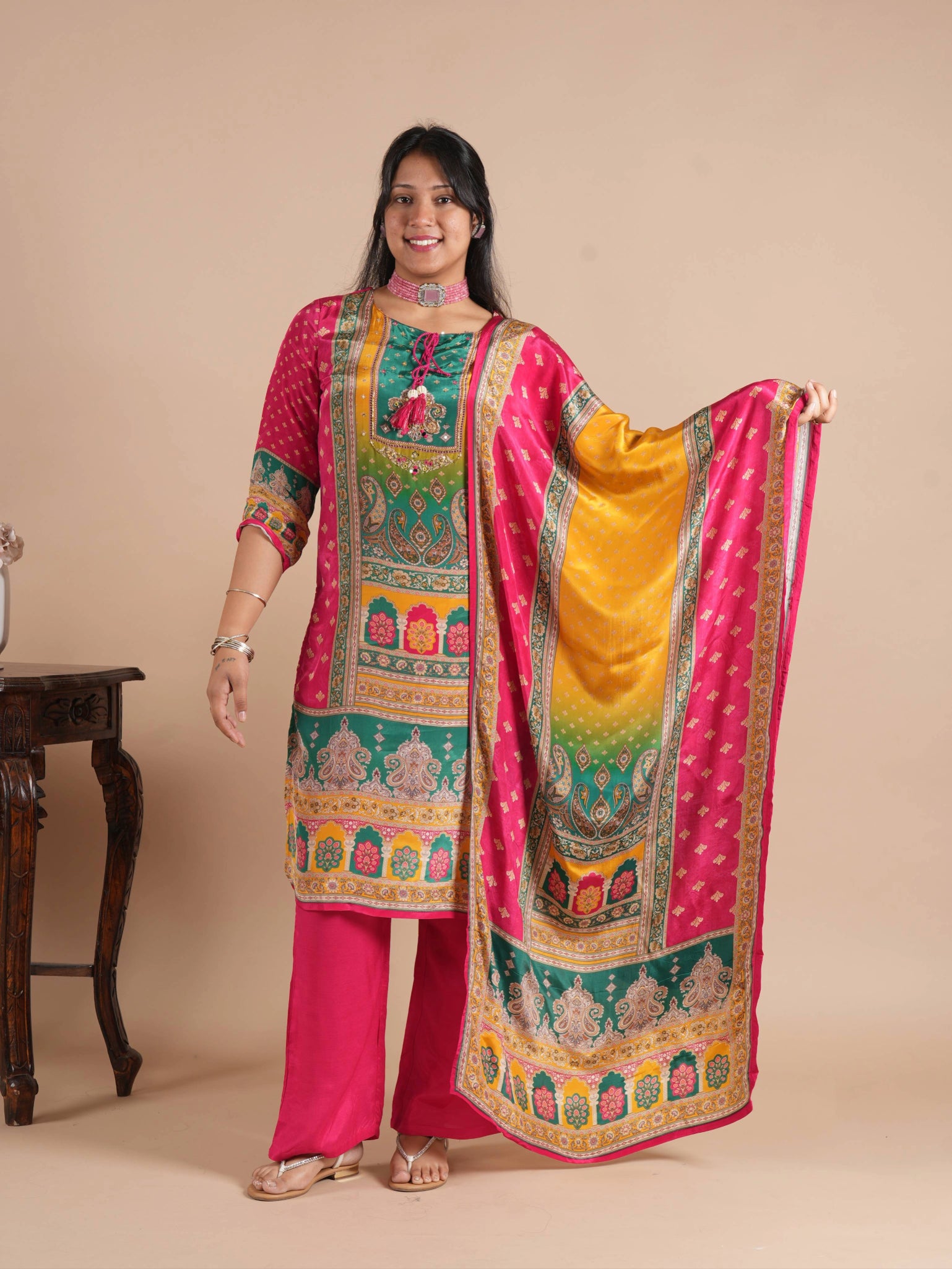 Rani Pink Printed Crepe Salwar Suit Set | Hand Embellished Neckline with Dori Latkan | Straight Kurta Pant Dupatta | Festive Ethnic Wear for Women