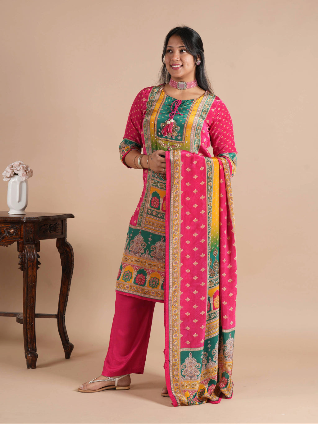 Rani Pink Printed Crepe Salwar Suit Set | Hand Embellished Neckline with Dori Latkan | Straight Kurta Pant Dupatta | Festive Ethnic Wear for Women