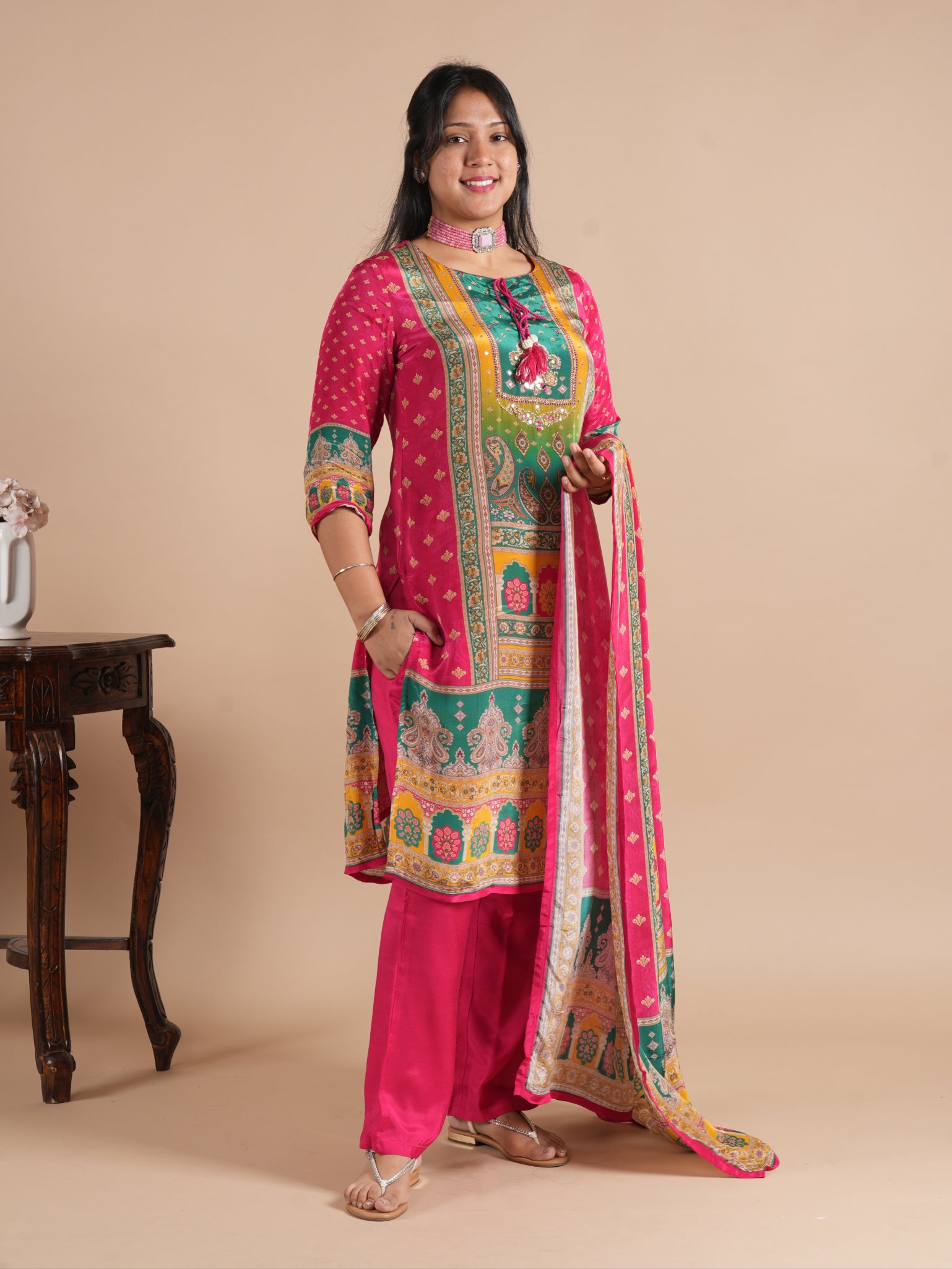 Rani Pink Printed Crepe Salwar Suit Set | Hand Embellished Neckline with Dori Latkan | Straight Kurta Pant Dupatta | Festive Ethnic Wear for Women