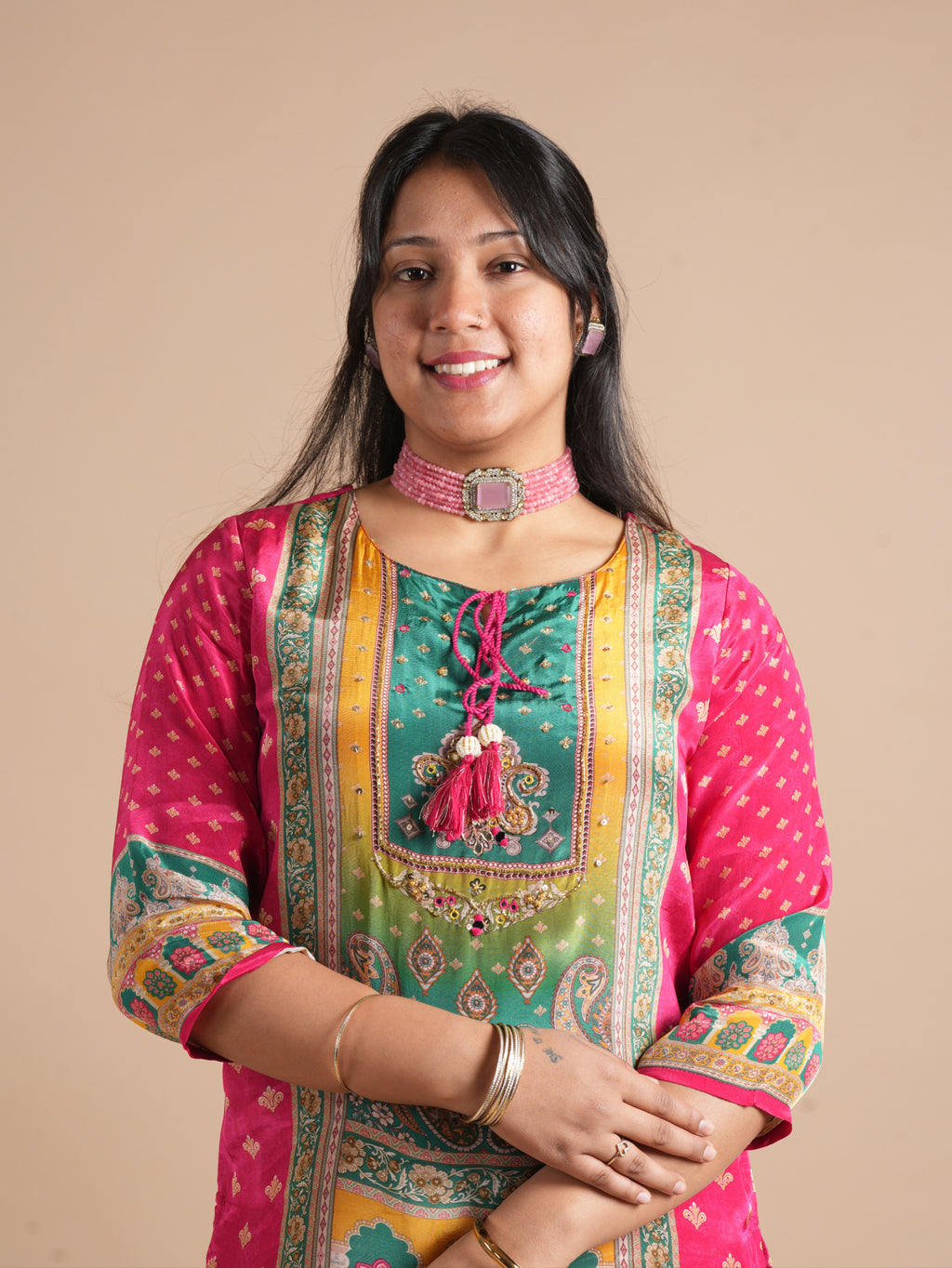 Rani Pink Printed Crepe Salwar Suit Set | Hand Embellished Neckline with Dori Latkan | Straight Kurta Pant Dupatta | Festive Ethnic Wear for Women