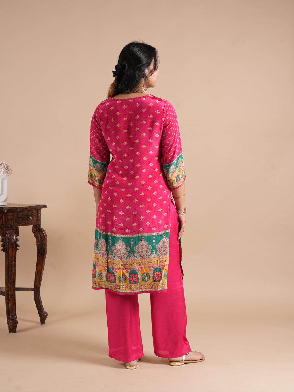 Rani Pink Printed Crepe Salwar Suit Set | Hand Embellished Neckline with Dori Latkan | Straight Kurta Pant Dupatta | Festive Ethnic Wear for Women