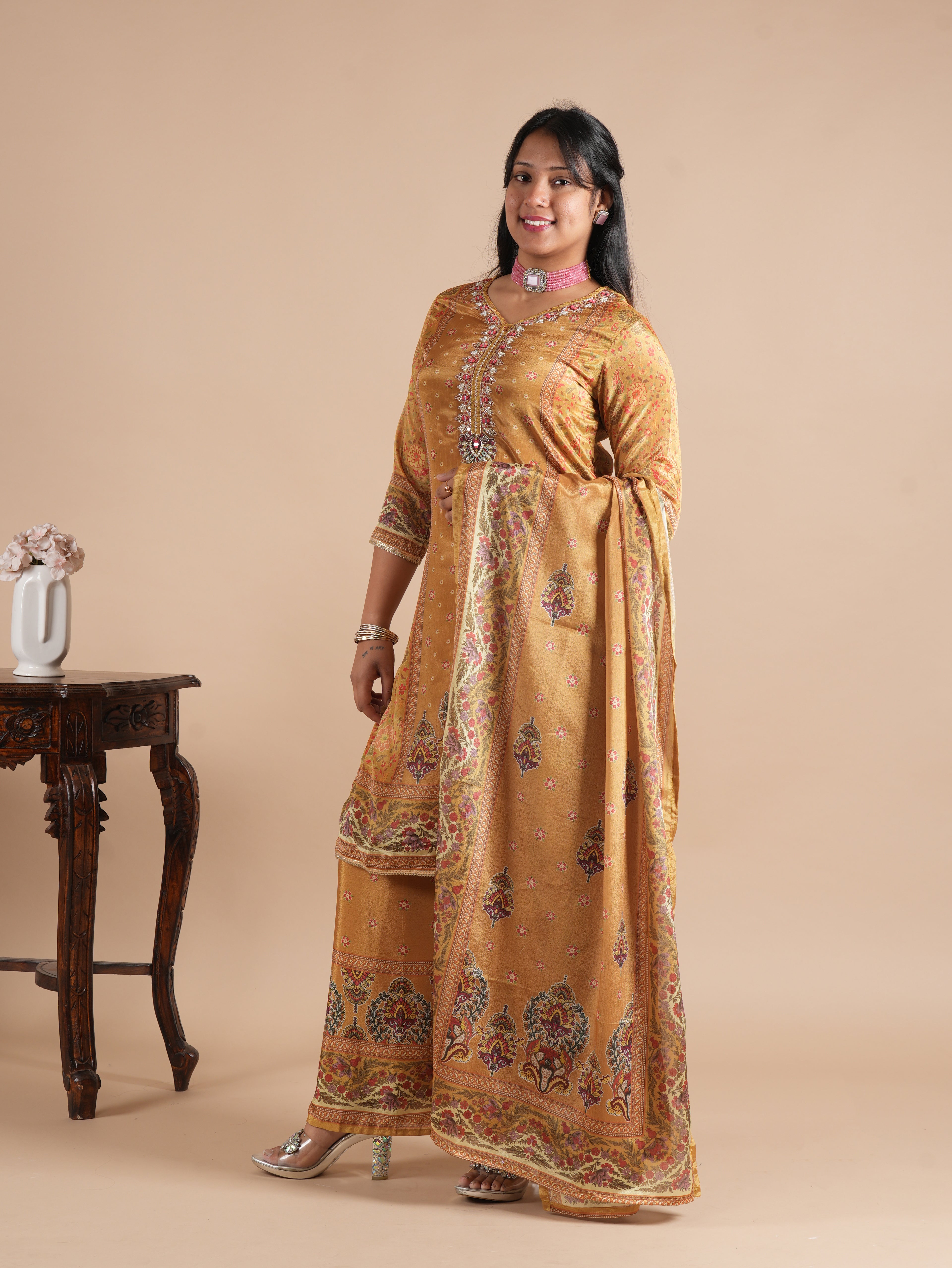 Navy Blue Chinon Digital Printed Suit Set | V-Neck Embroidery with Handwork & Beads work Detail, Lace Hem & Sleeves | Printed Chinon Palazzo & Dupatta | Women's Ethnic Wear