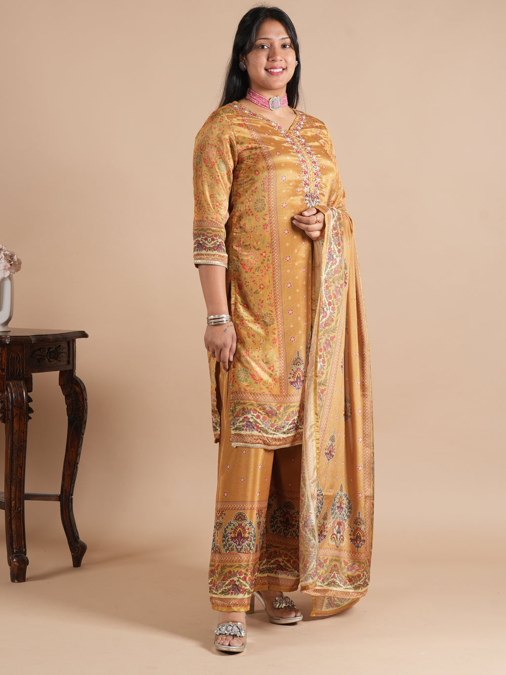 Navy Blue Chinon Digital Printed Suit Set | V-Neck Embroidery with Handwork & Beads work Detail, Lace Hem & Sleeves | Printed Chinon Palazzo & Dupatta | Women's Ethnic Wear