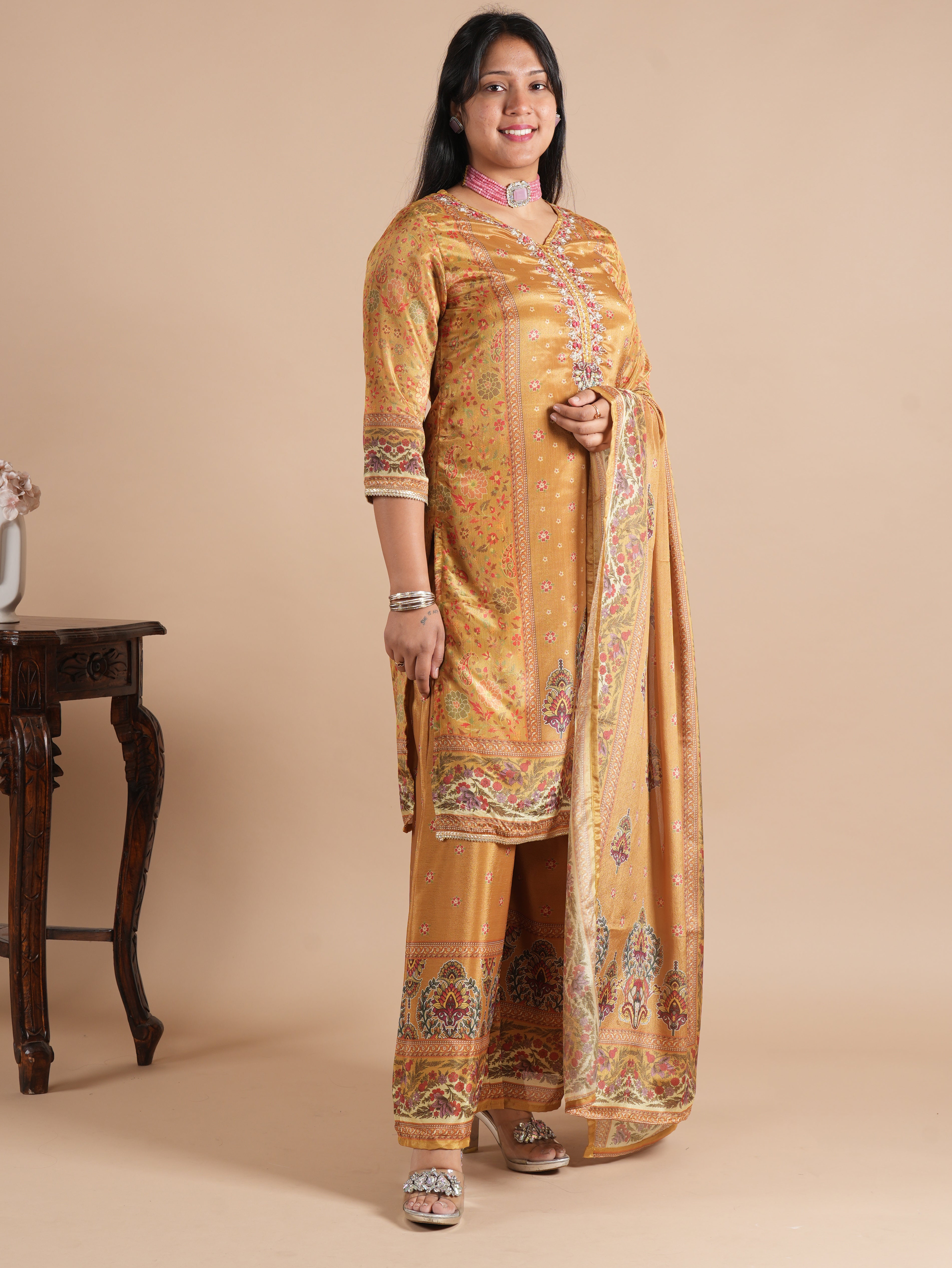 Navy Blue Chinon Digital Printed Suit Set | V-Neck Embroidery with Handwork & Beads work Detail, Lace Hem & Sleeves | Printed Chinon Palazzo & Dupatta | Women's Ethnic Wear