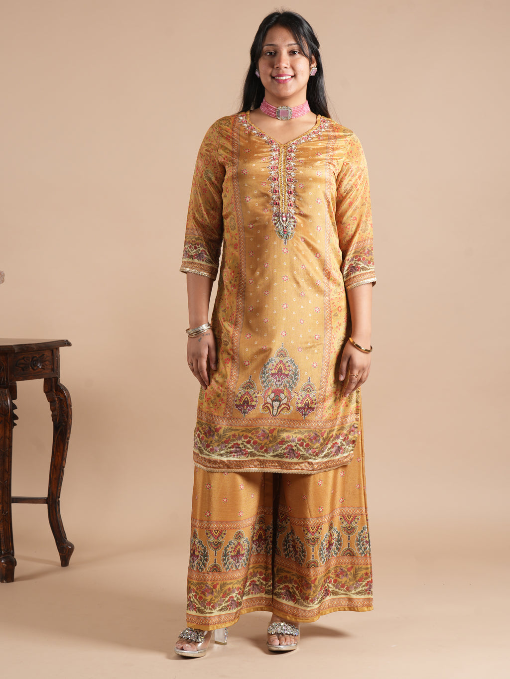 Navy Blue Chinon Digital Printed Suit Set | V-Neck Embroidery with Handwork & Beads work Detail, Lace Hem & Sleeves | Printed Chinon Palazzo & Dupatta | Women's Ethnic Wear