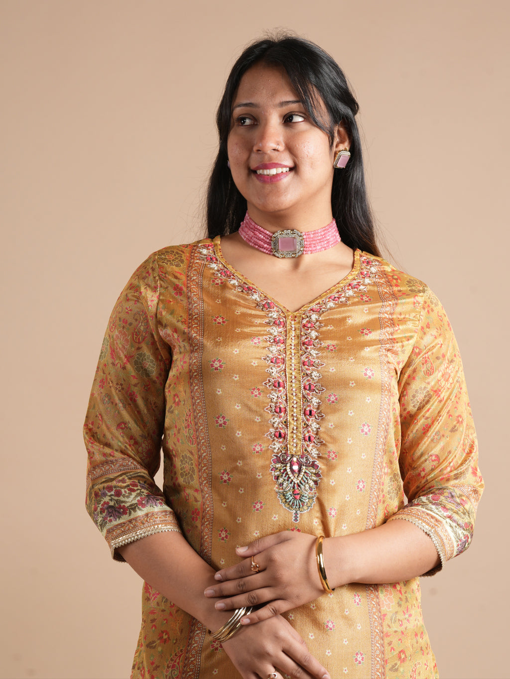 Navy Blue Chinon Digital Printed Suit Set | V-Neck Embroidery with Handwork & Beads work Detail, Lace Hem & Sleeves | Printed Chinon Palazzo & Dupatta | Women's Ethnic Wear