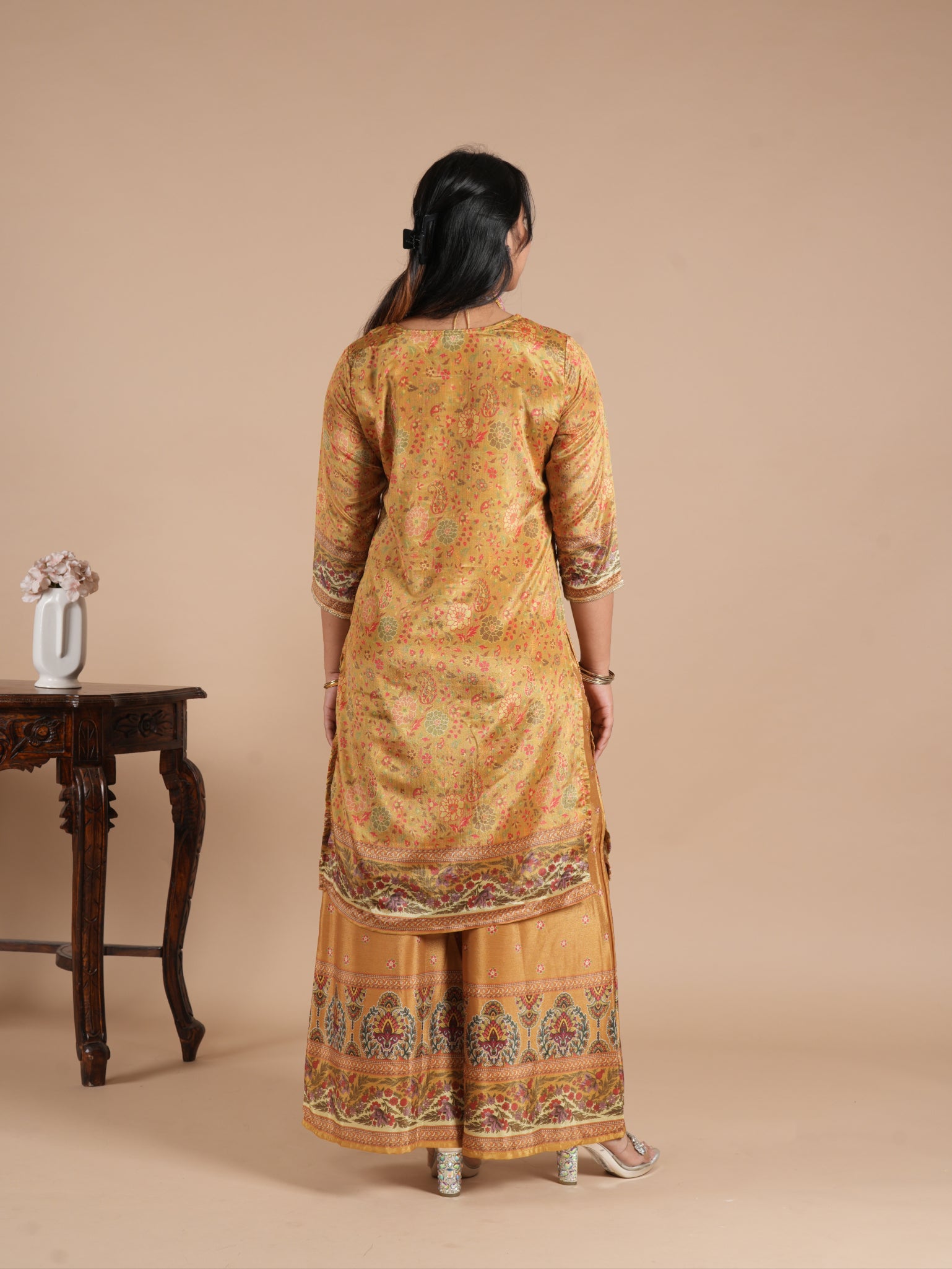 Navy Blue Chinon Digital Printed Suit Set | V-Neck Embroidery with Handwork & Beads work Detail, Lace Hem & Sleeves | Printed Chinon Palazzo & Dupatta | Women's Ethnic Wear