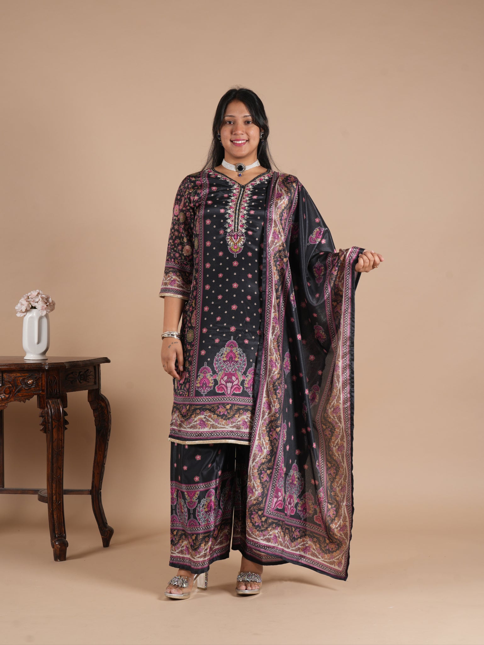 Navy Blue Chinon Digital Printed Suit Set | V-Neck Embroidery with Handwork & Beads work Detail, Lace Hem & Sleeves | Printed Chinon Palazzo & Dupatta | Women's Ethnic Wear